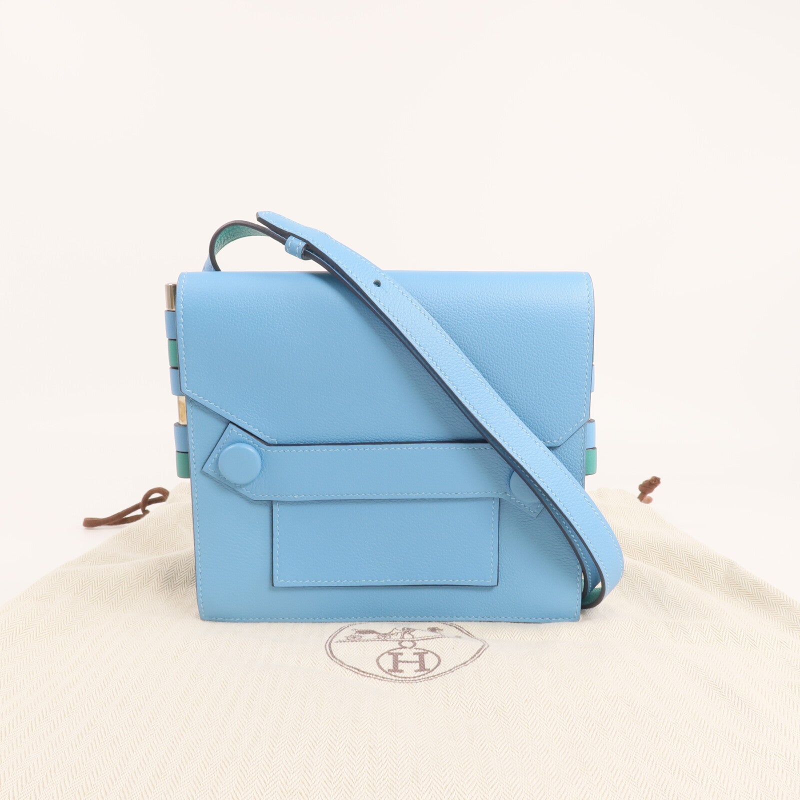 HERMES Evercolor皮革Twins Bag銀扣肩背袋Bleu du Nord/Menthe