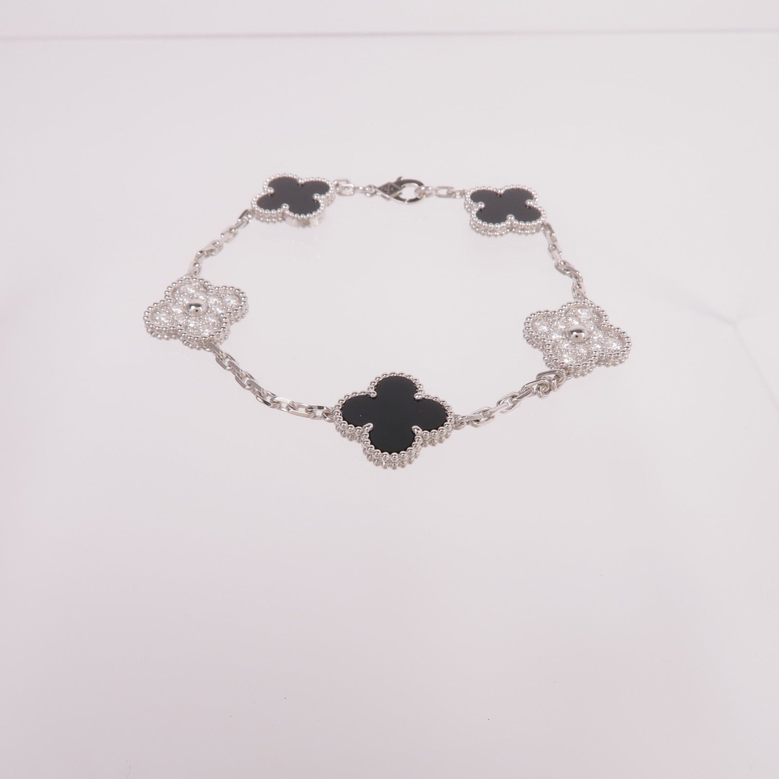 Van Cleef & Arpels 18K白金Vintage Alhambra Bracelet 5 Motifs鑽石/縞瑪瑙手鏈