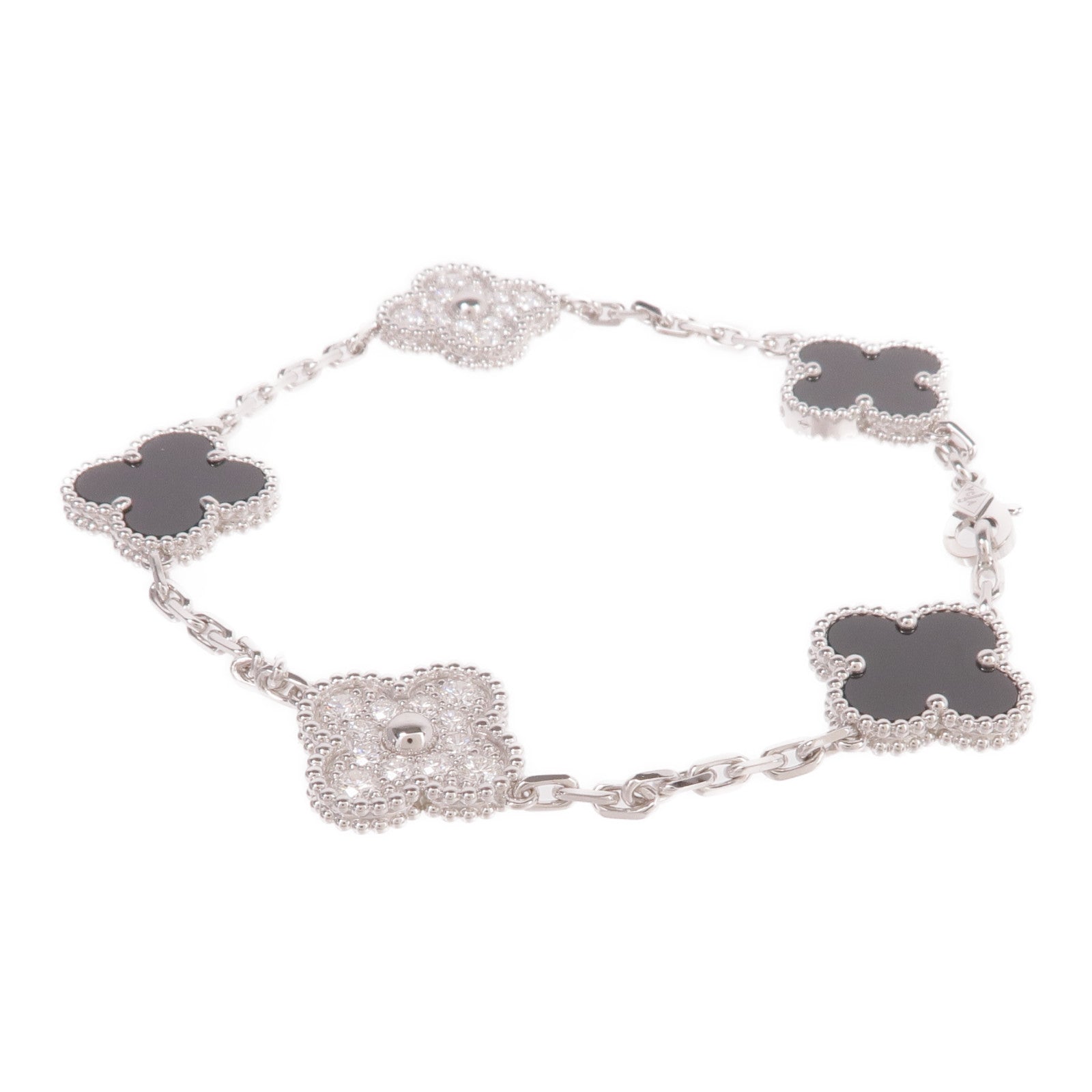Van Cleef & Arpels 18K白金Vintage Alhambra Bracelet 5 Motifs鑽石/縞瑪瑙手鏈