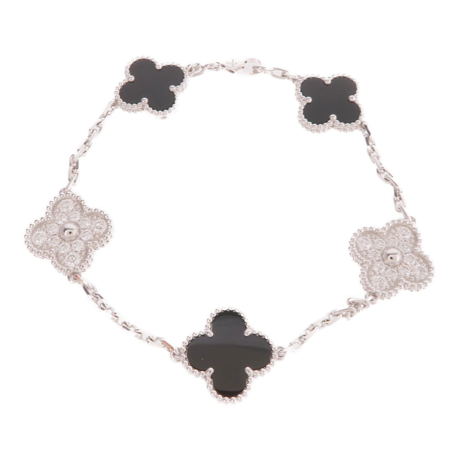 Van Cleef & Arpels 18K白金Vintage Alhambra Bracelet 5 Motifs鑽石/縞瑪瑙手鏈