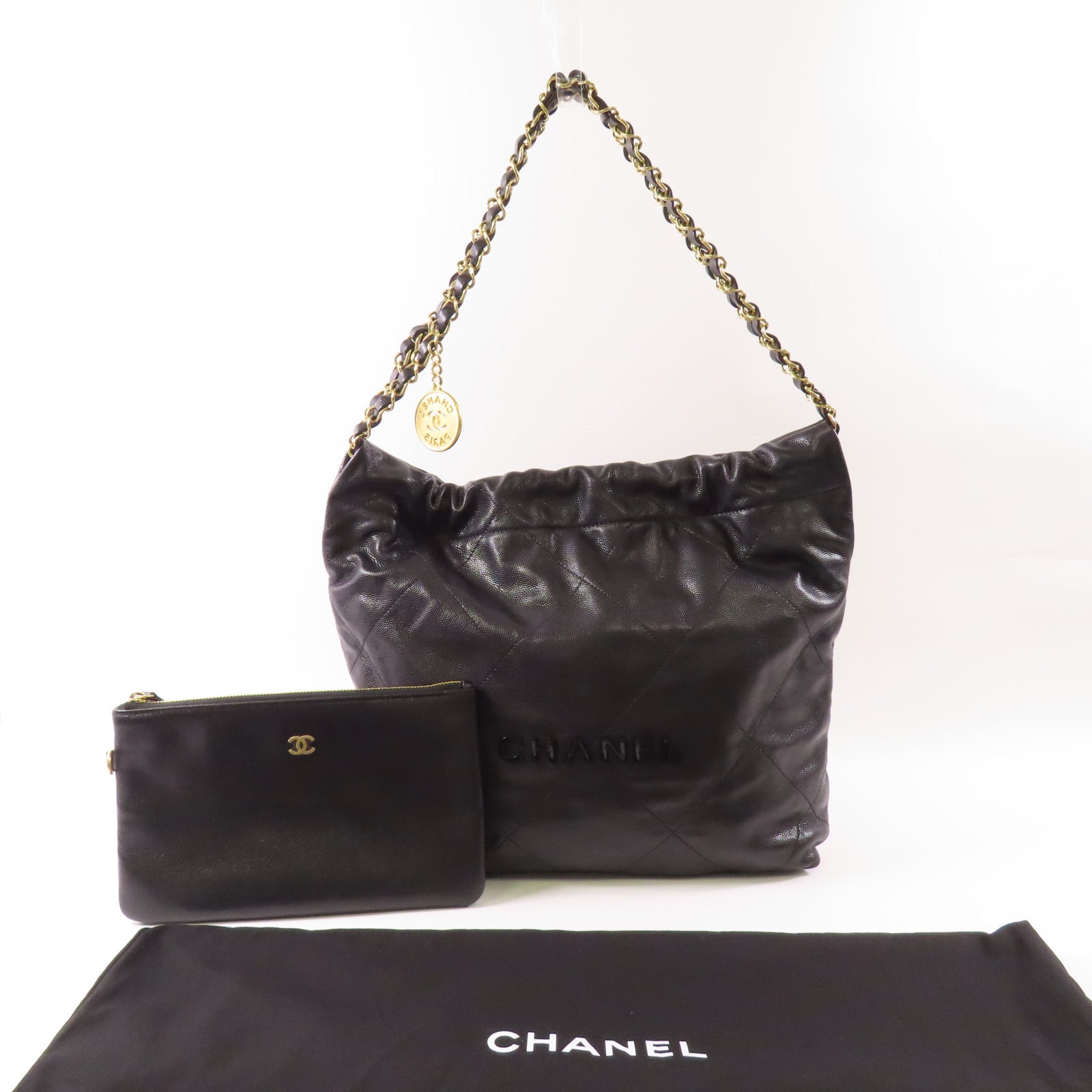CHANEL 皮革Chanel 22金扣鏈帶肩背袋