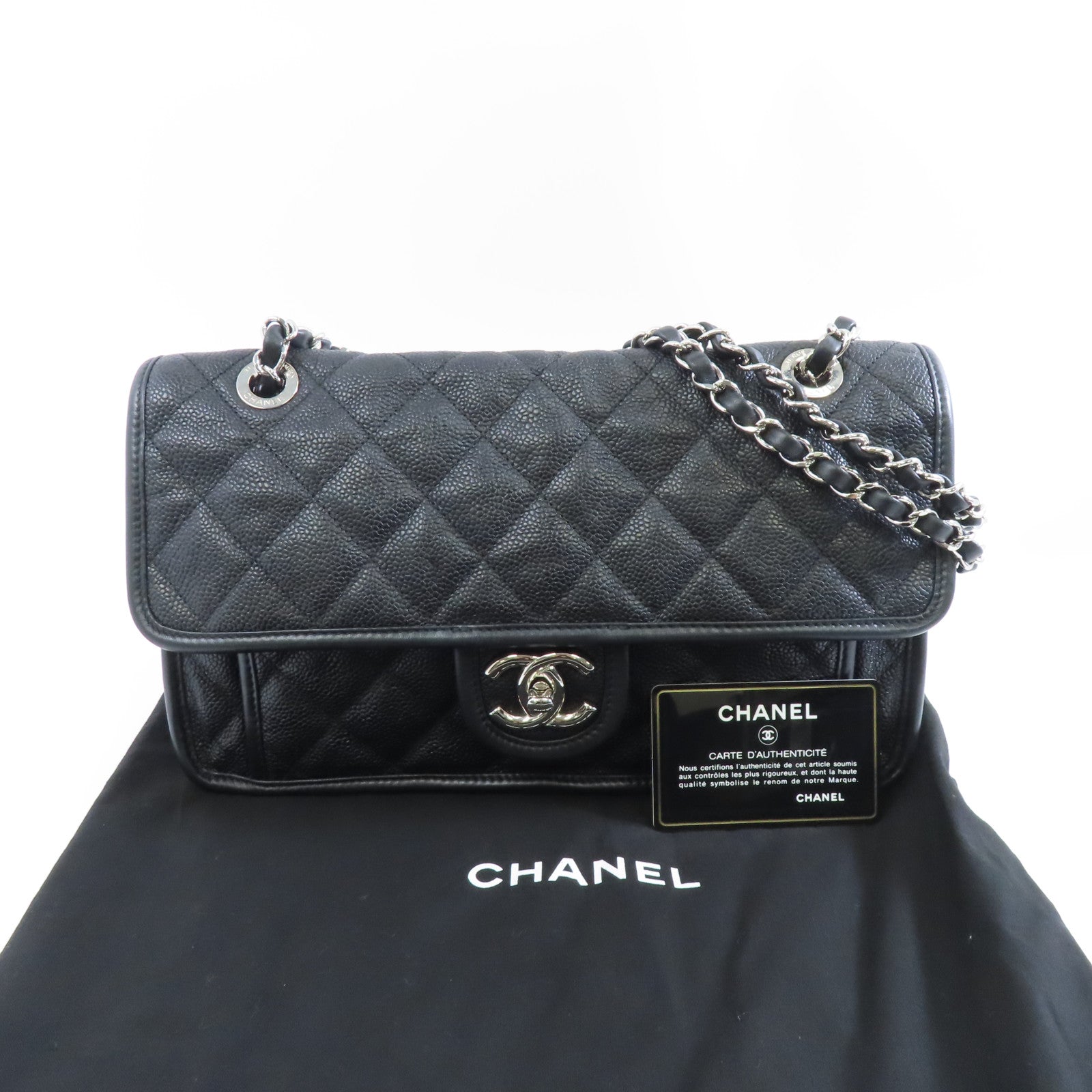 CHANEL 菱格Caviar皮革Chain Shoulder銀扣鏈帶肩背袋黑色