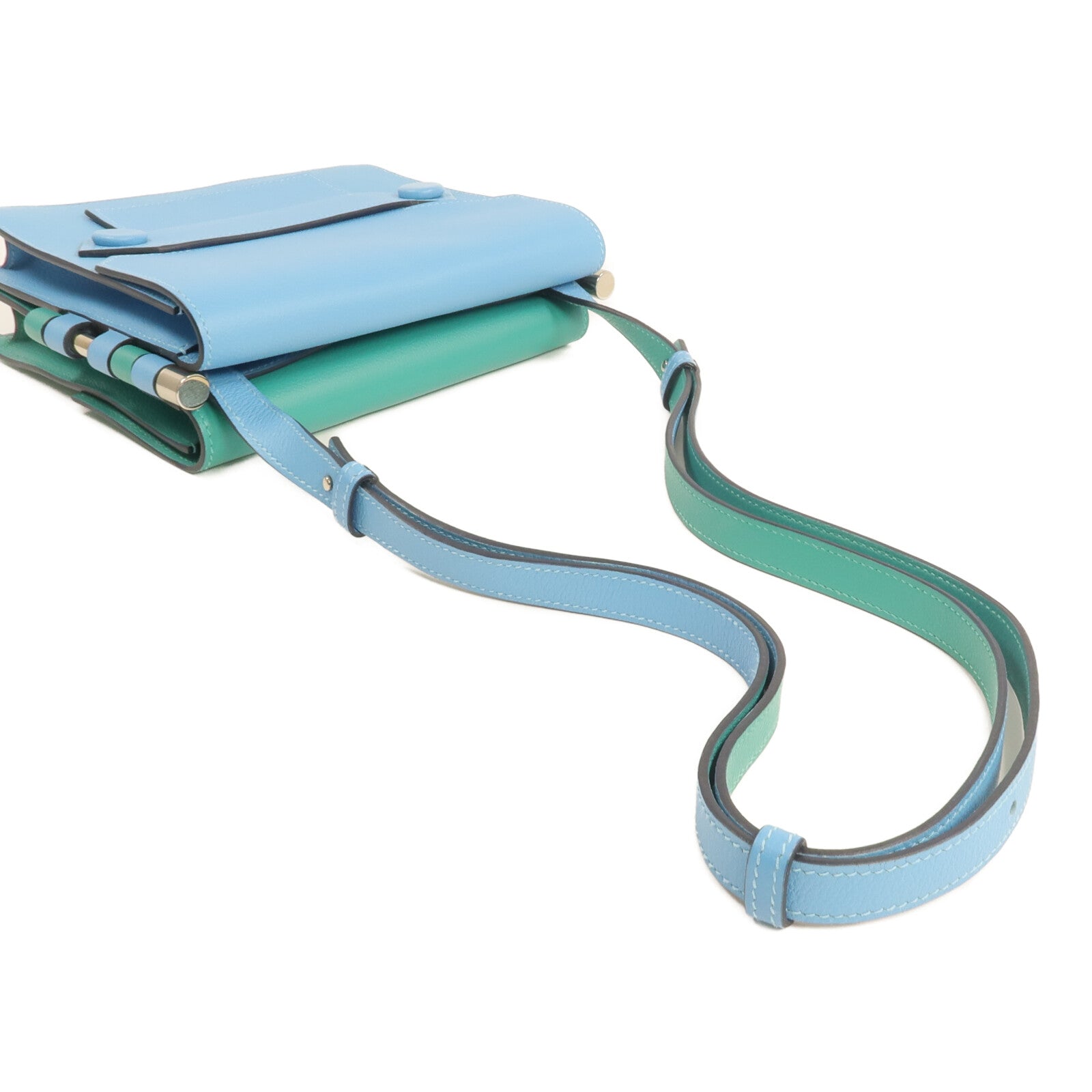 HERMES Evercolor皮革Twins Bag銀扣肩背袋Bleu du Nord/Menthe