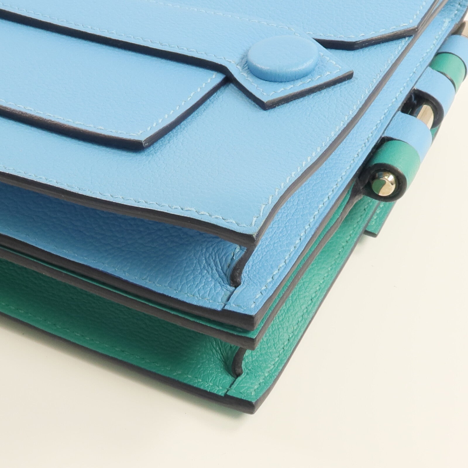 HERMES Evercolor皮革Twins Bag銀扣肩背袋Bleu du Nord/Menthe
