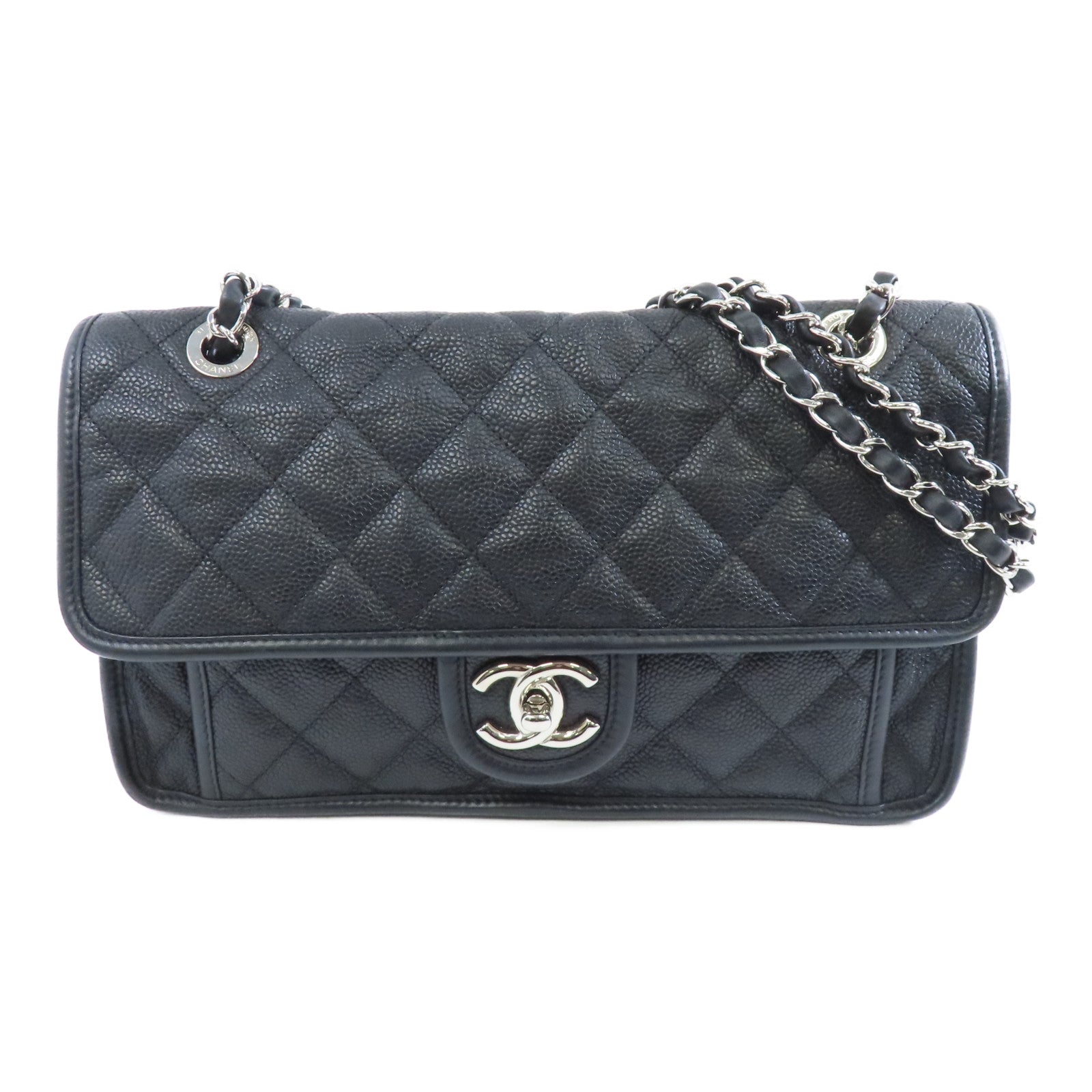 CHANEL 菱格Caviar皮革Chain Shoulder銀扣鏈帶肩背袋黑色