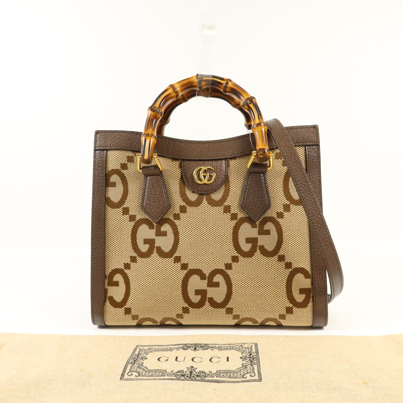GUCCI 帆布Diana Bamboo Tote Bag金扣手挽肩背兩用袋