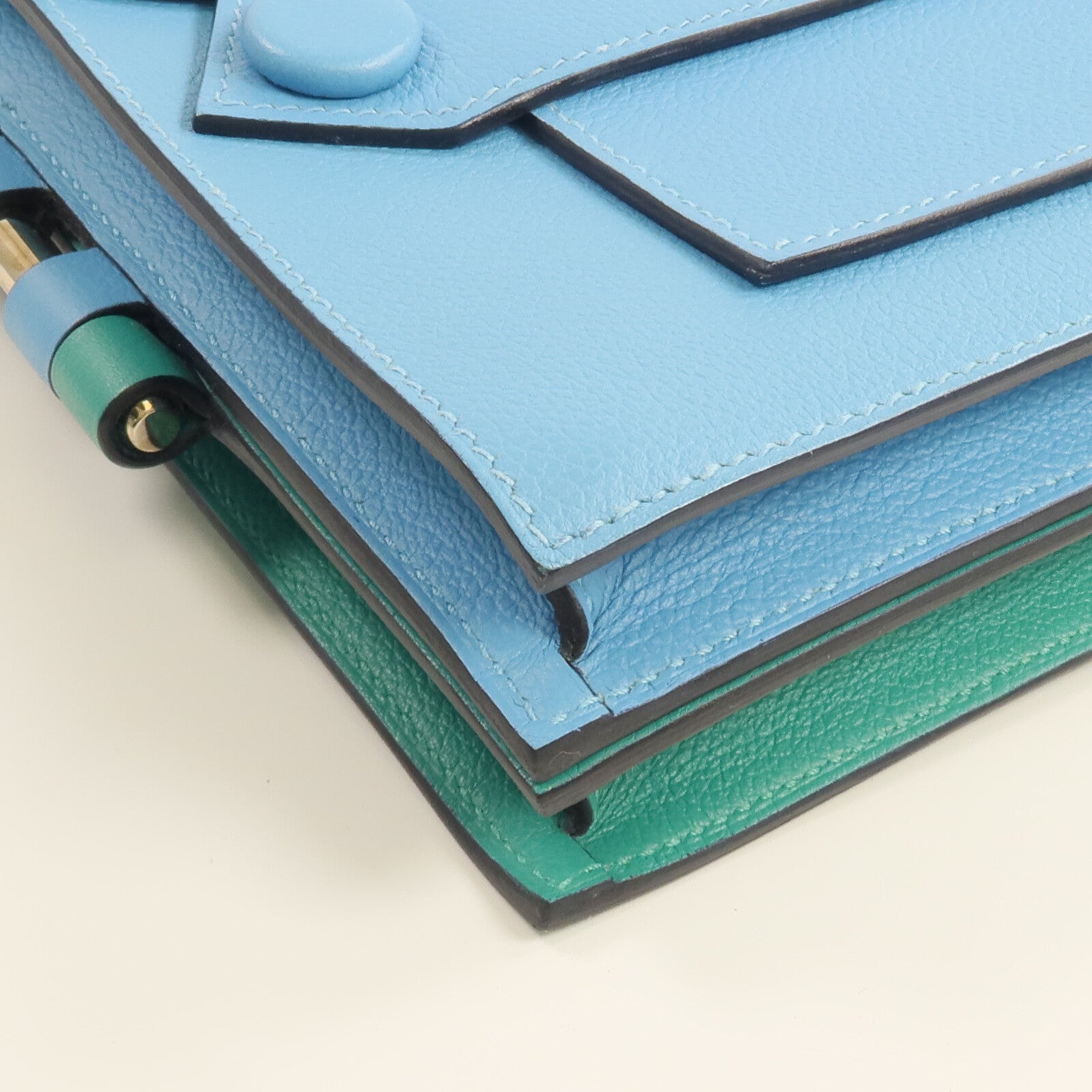HERMES Evercolor皮革Twins Bag銀扣肩背袋Bleu du Nord/Menthe