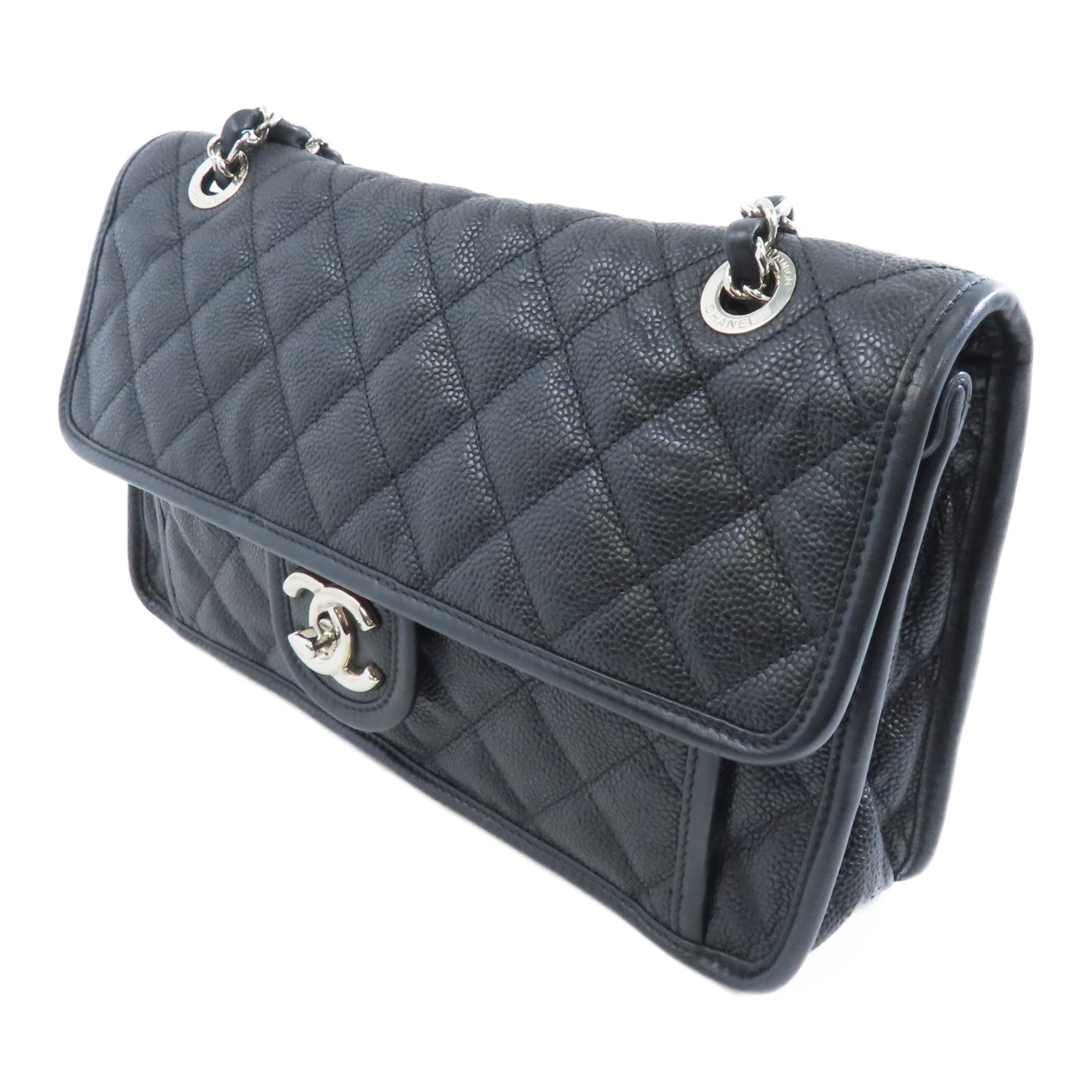 CHANEL 菱格Caviar皮革Chain Shoulder銀扣鏈帶肩背袋黑色