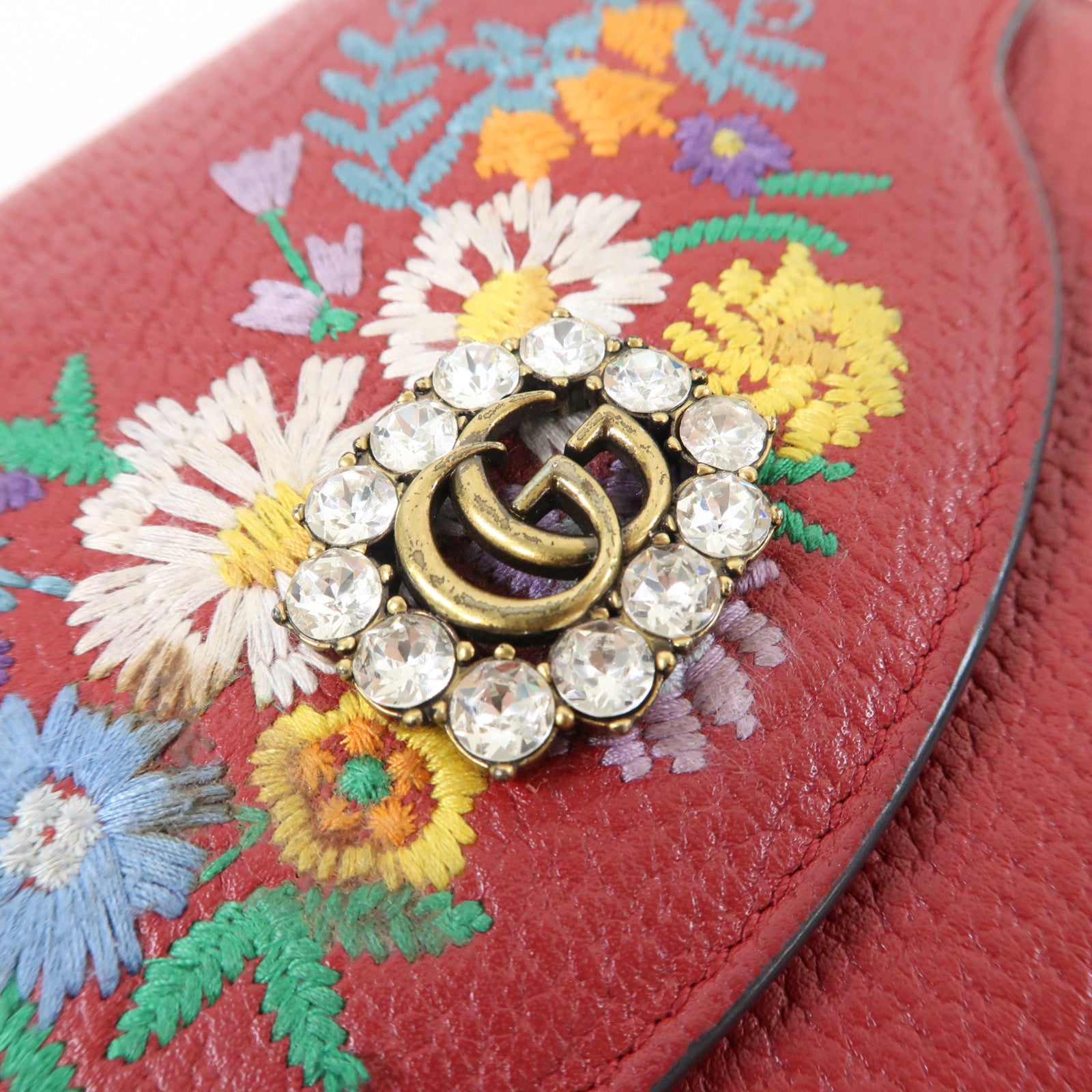 GUCCI 【激減優惠】牛皮皮革Embroidered Mini金扣鏈帶肩背袋紅色