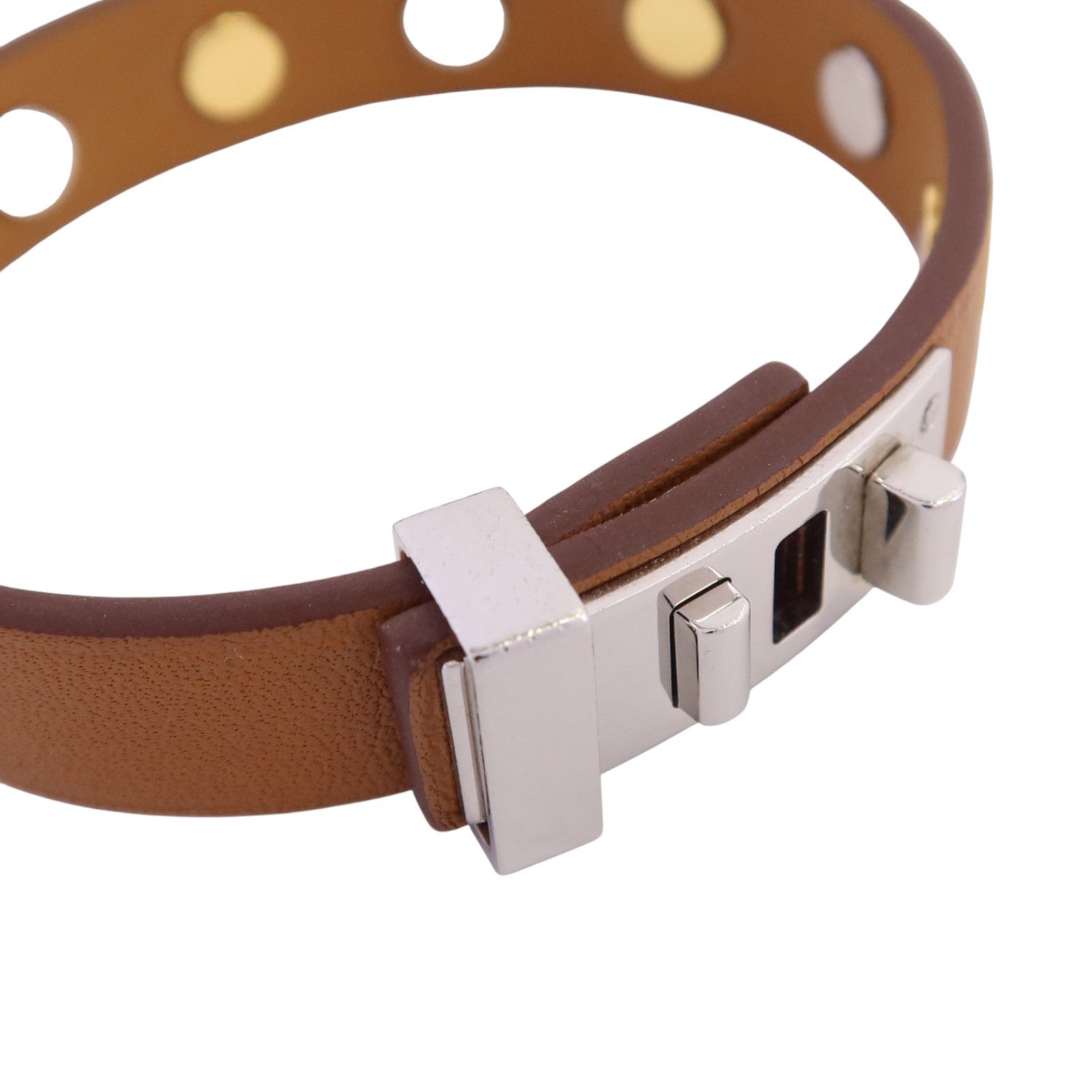 HERMES 牛皮皮革Mini Dog Round Coeur Bangle銀扣手鐲