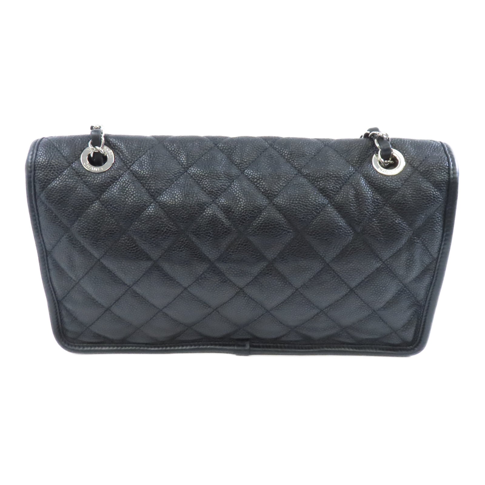 CHANEL 菱格Caviar皮革Chain Shoulder銀扣鏈帶肩背袋黑色