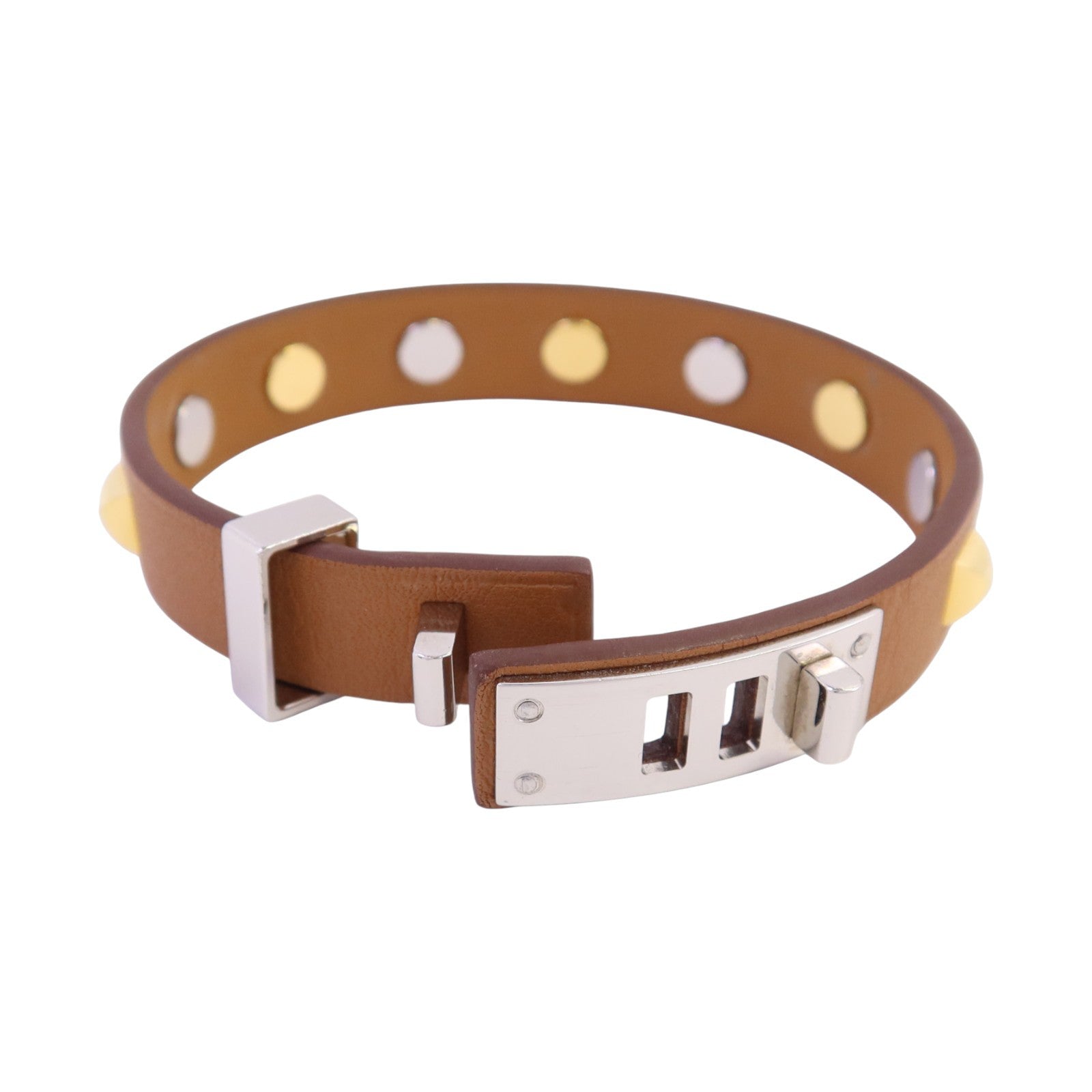HERMES 牛皮皮革Mini Dog Round Coeur Bangle銀扣手鐲