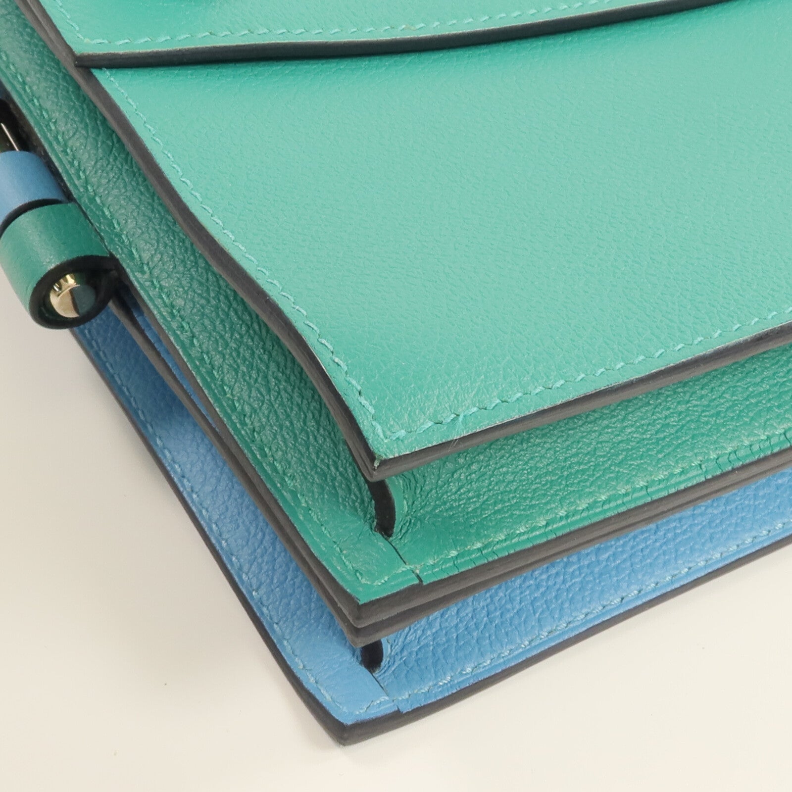 HERMES Evercolor皮革Twins Bag銀扣肩背袋Bleu du Nord/Menthe