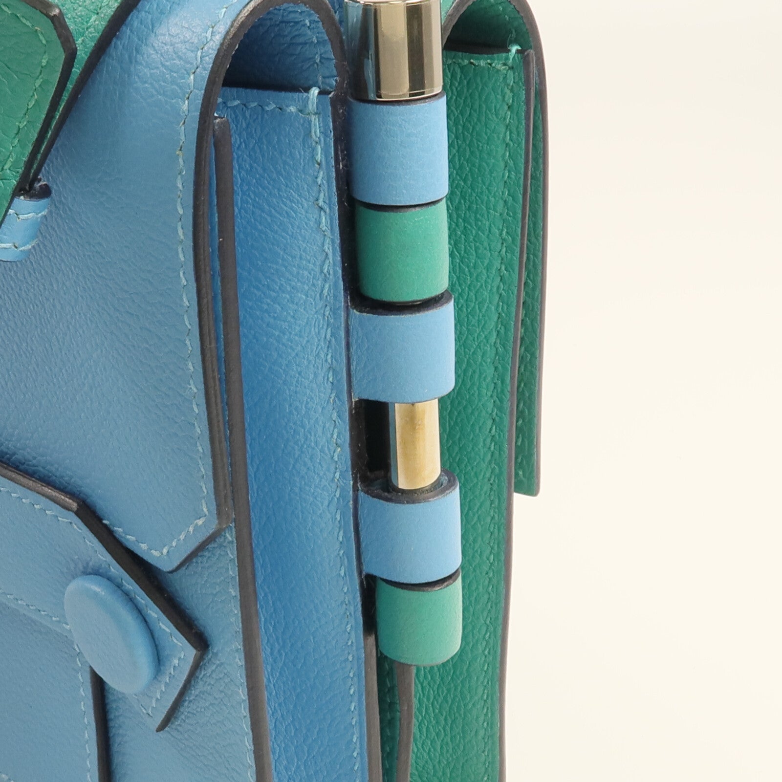 HERMES Evercolor皮革Twins Bag銀扣肩背袋Bleu du Nord/Menthe