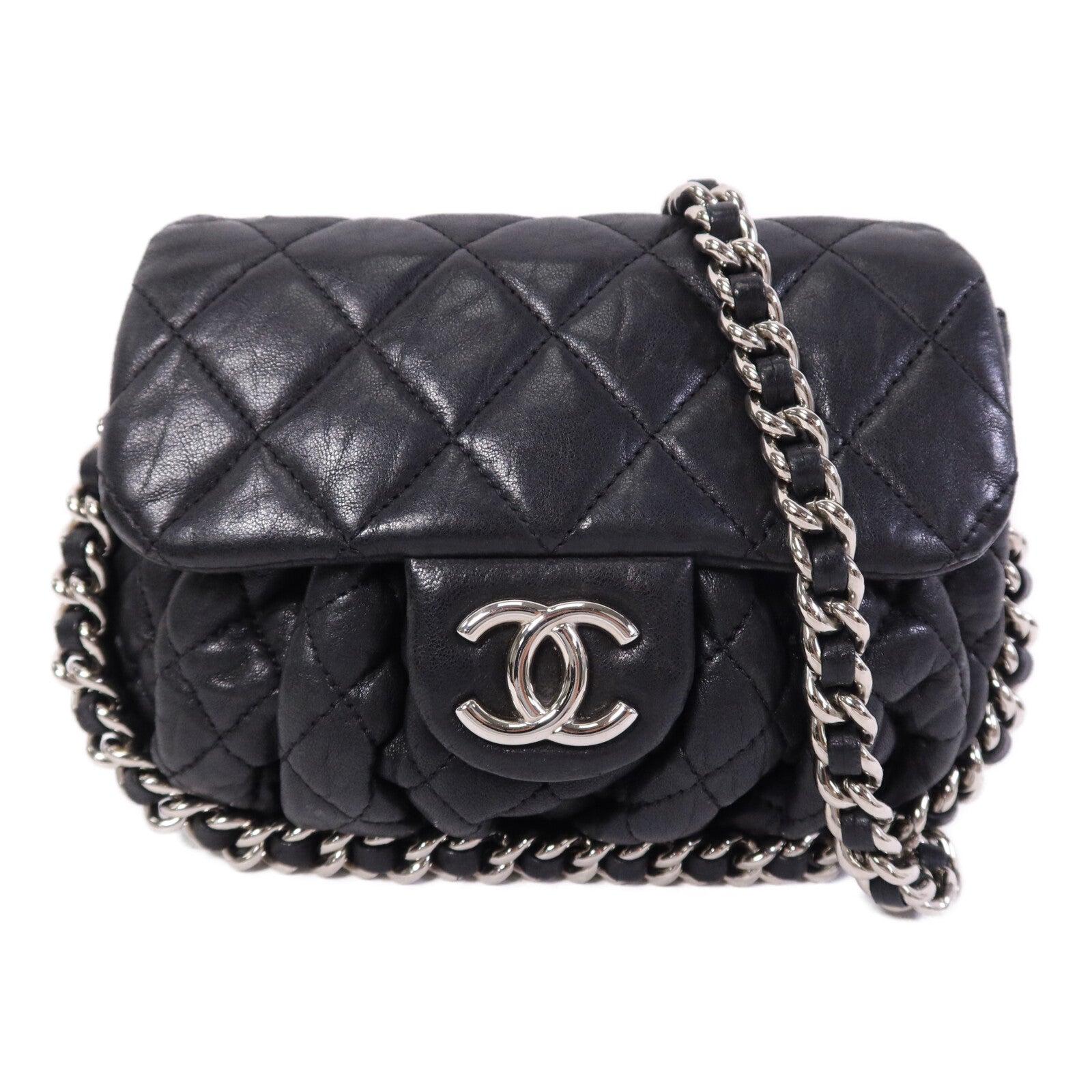 CHANEL 牛皮皮革Chain Shoulder銀扣鏈帶肩背袋