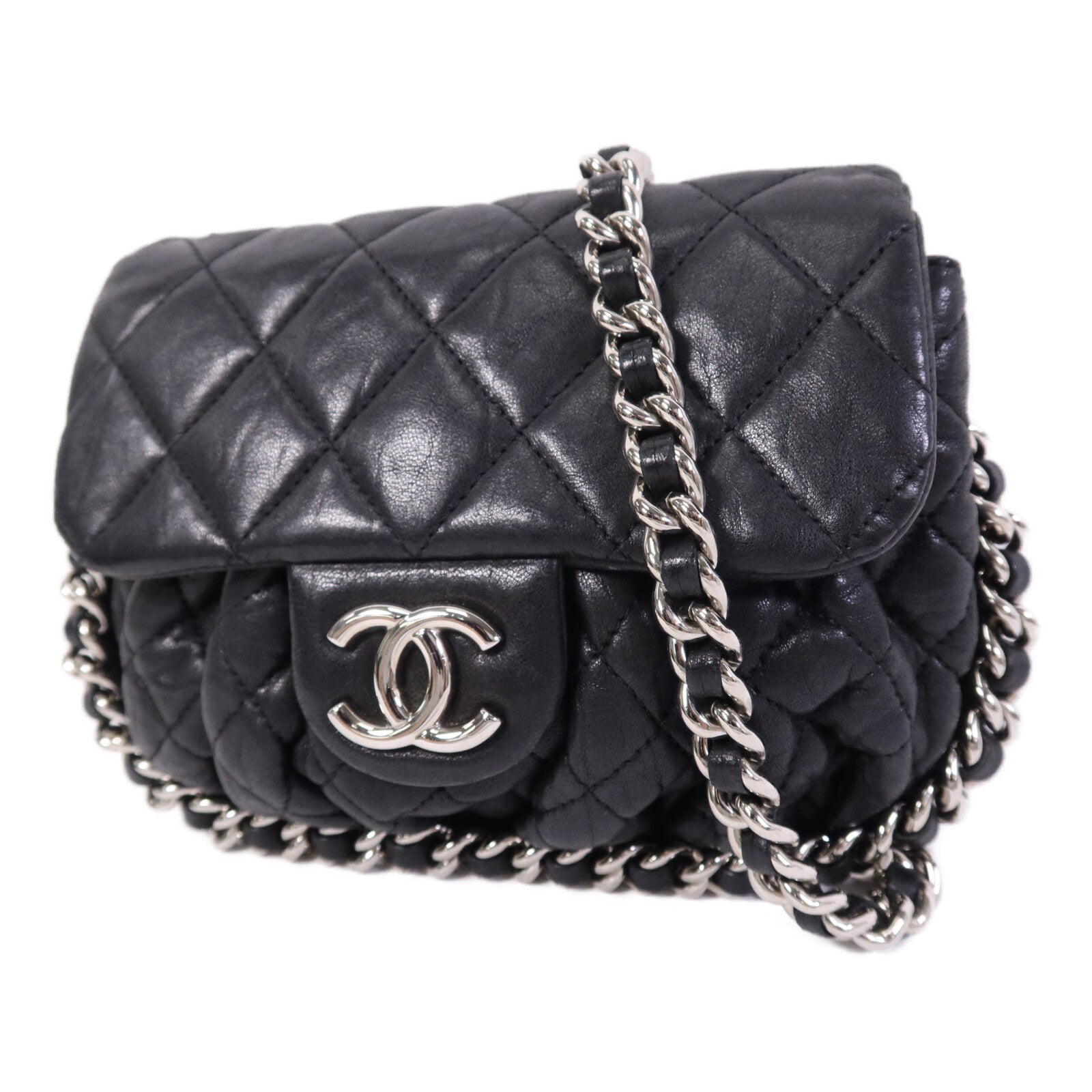 CHANEL 牛皮皮革Chain Shoulder銀扣鏈帶肩背袋