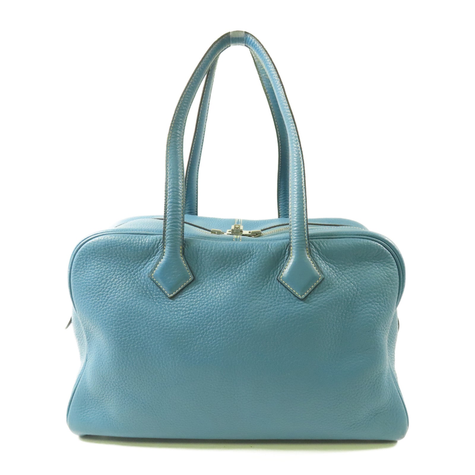 HERMES Clemence皮革Victoria銀扣肩背袋Bleu Jean