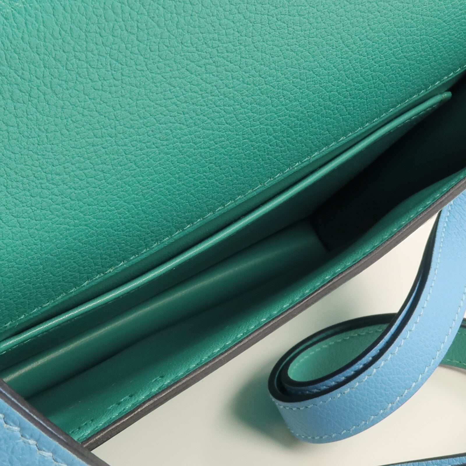 HERMES Evercolor皮革Twins Bag銀扣肩背袋Bleu du Nord/Menthe
