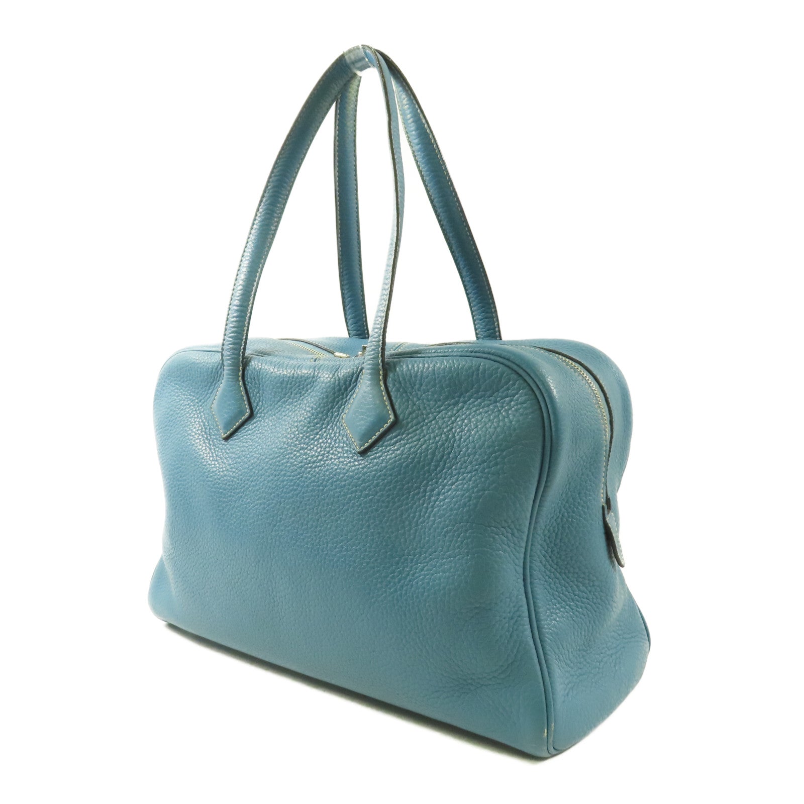 HERMES Clemence皮革Victoria銀扣肩背袋Bleu Jean
