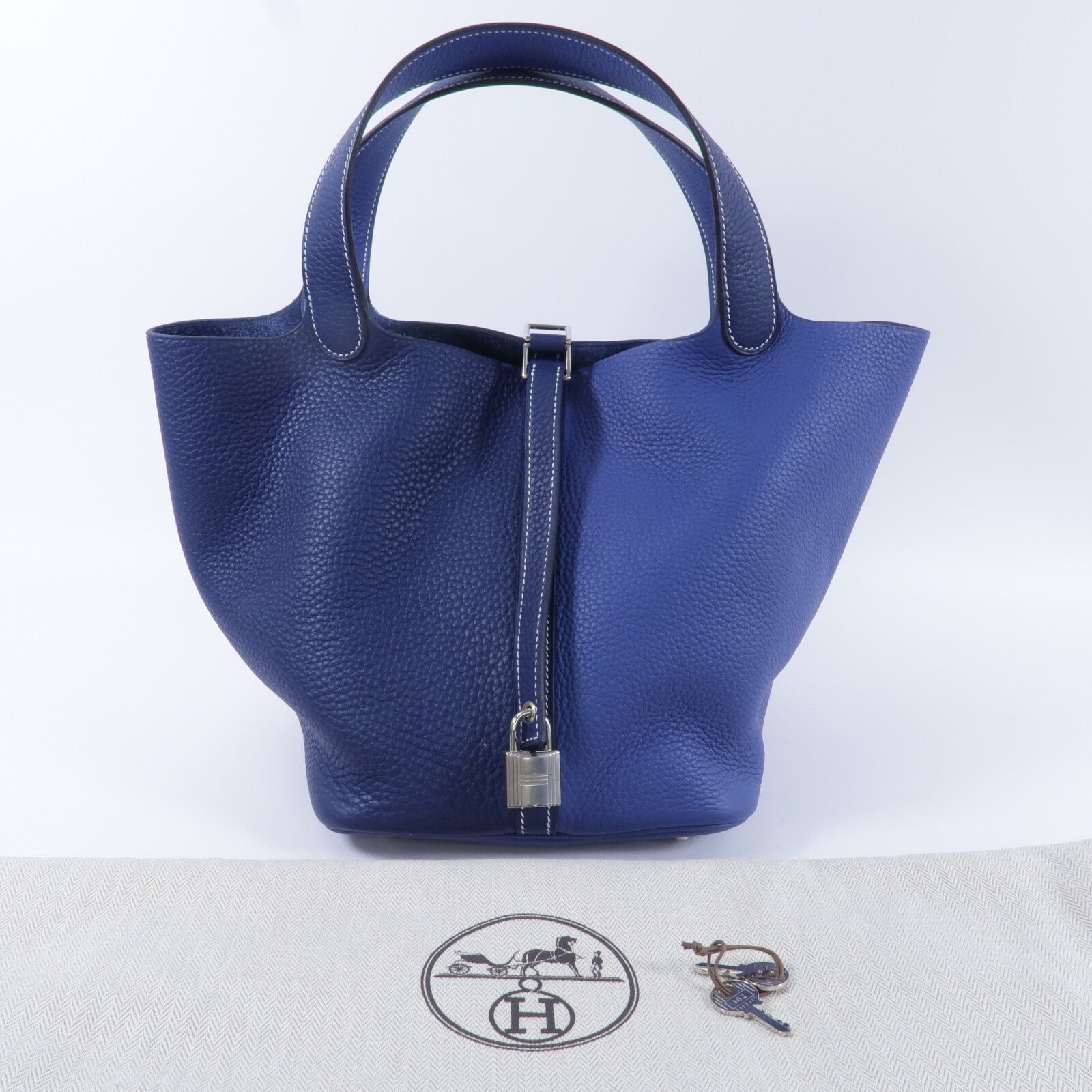HERMES Clemence皮革Picotin MM手挽袋Bleu Nuit/Bleu France