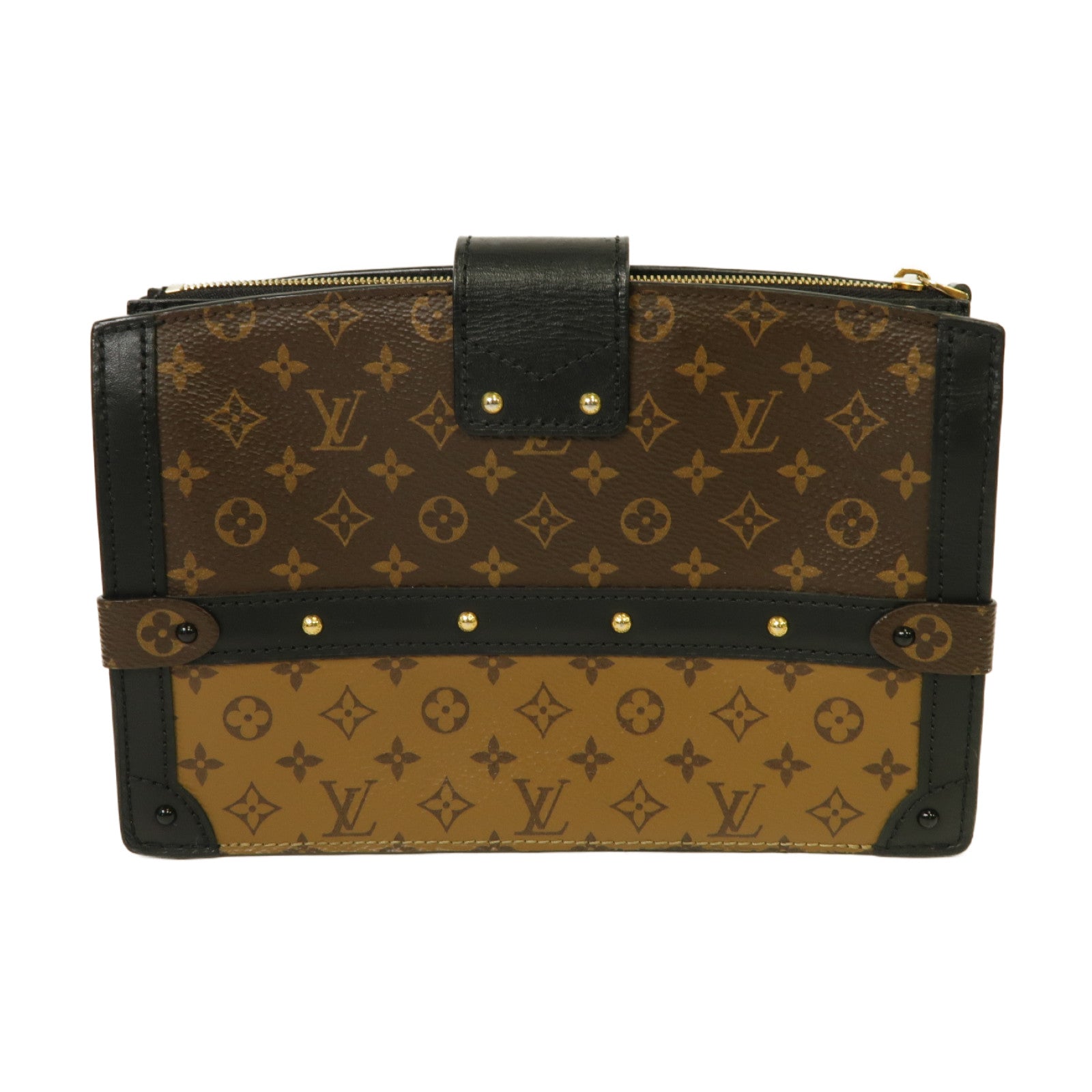 LOUIS VUITTON Monogram Reverse Trunk Clutch金扣棕色/黒色
