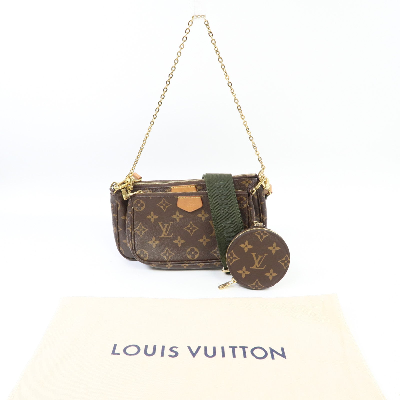 LOUIS VUITTON Monogram Multi Pochette Accessoires金扣手挽肩背兩用袋啡色/綠色