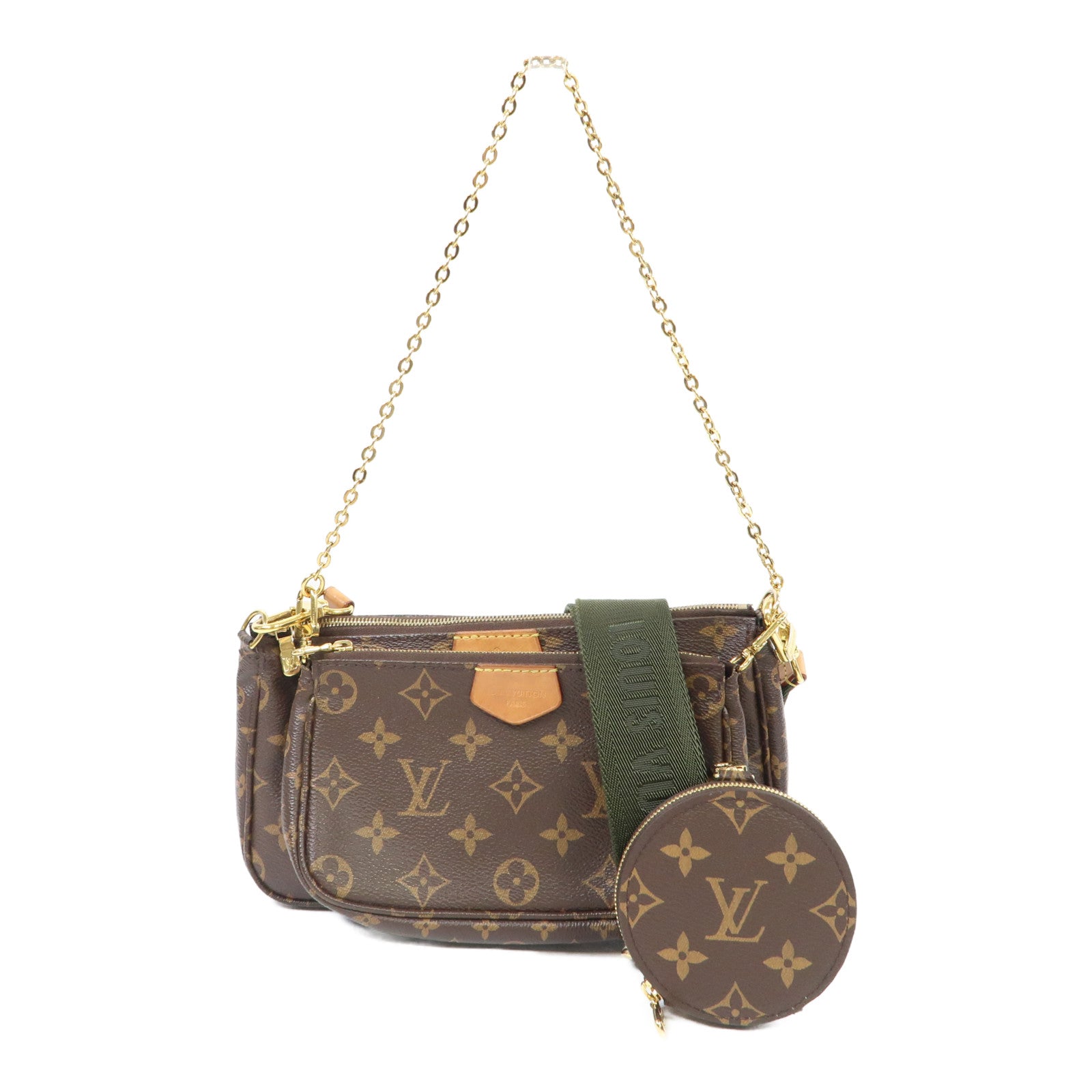 LOUIS VUITTON Monogram Multi Pochette Accessoires金扣手挽肩背兩用袋啡色/綠色