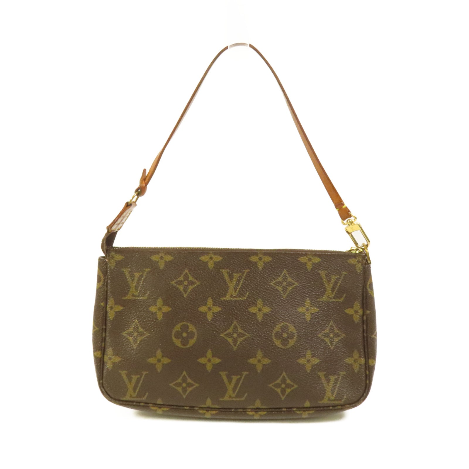 LOUIS VUITTON Monogram Pochette Accessoires金扣手挽袋棕色