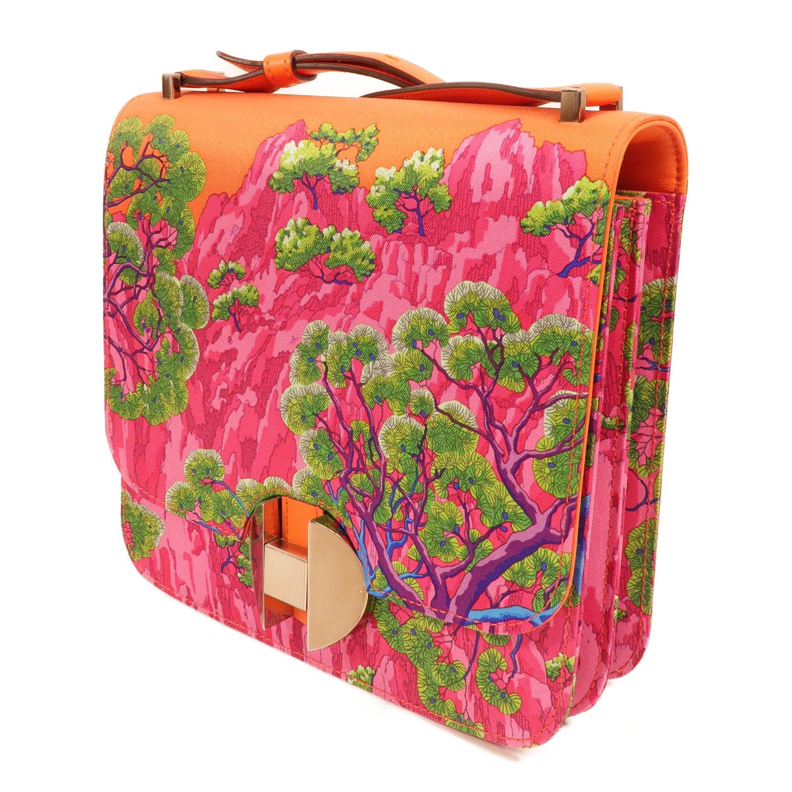 HERMES Swift皮革/Silk 2002 Sieste Au Paradis肩背袋Orange Poppy
