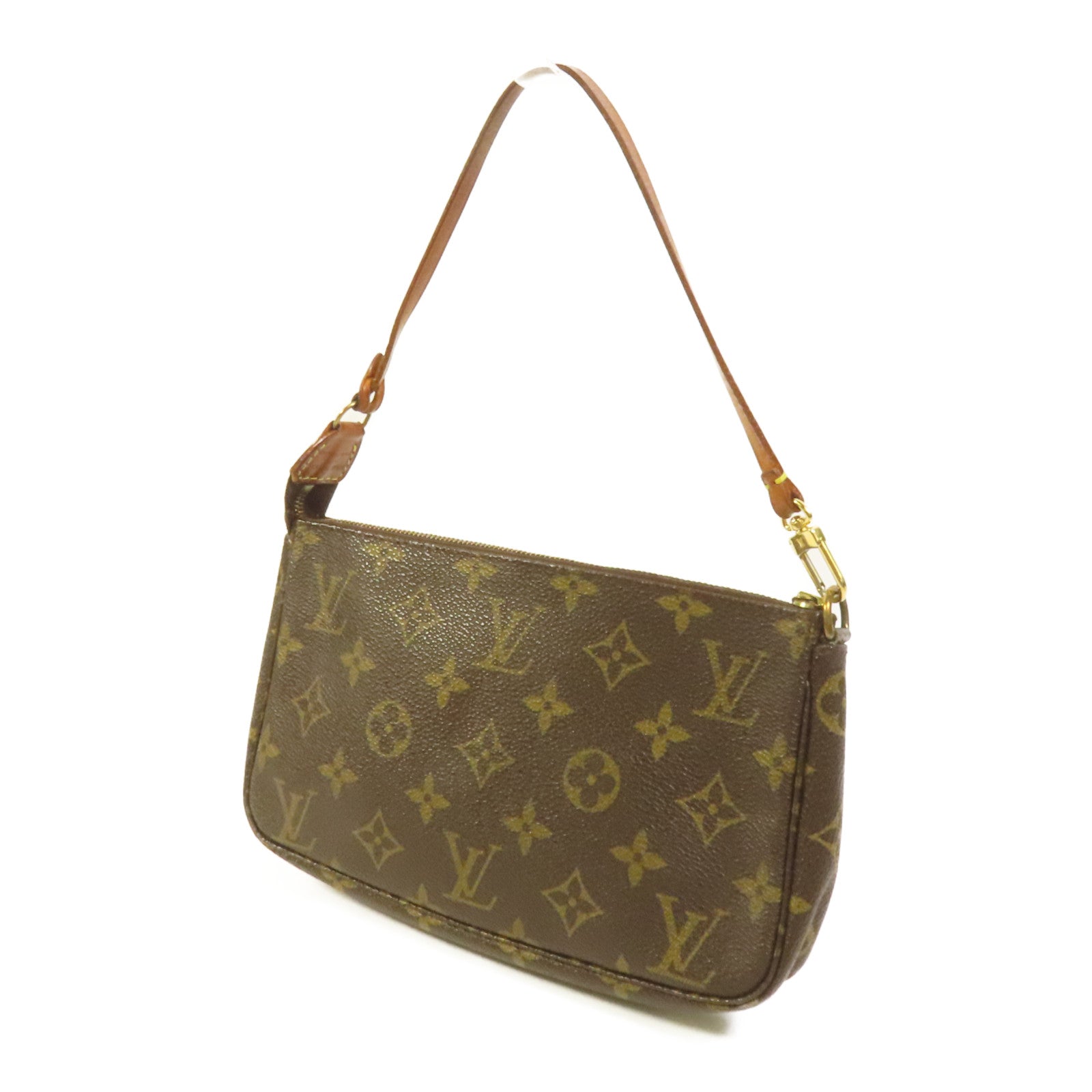 LOUIS VUITTON Monogram Pochette Accessoires金扣手挽袋棕色