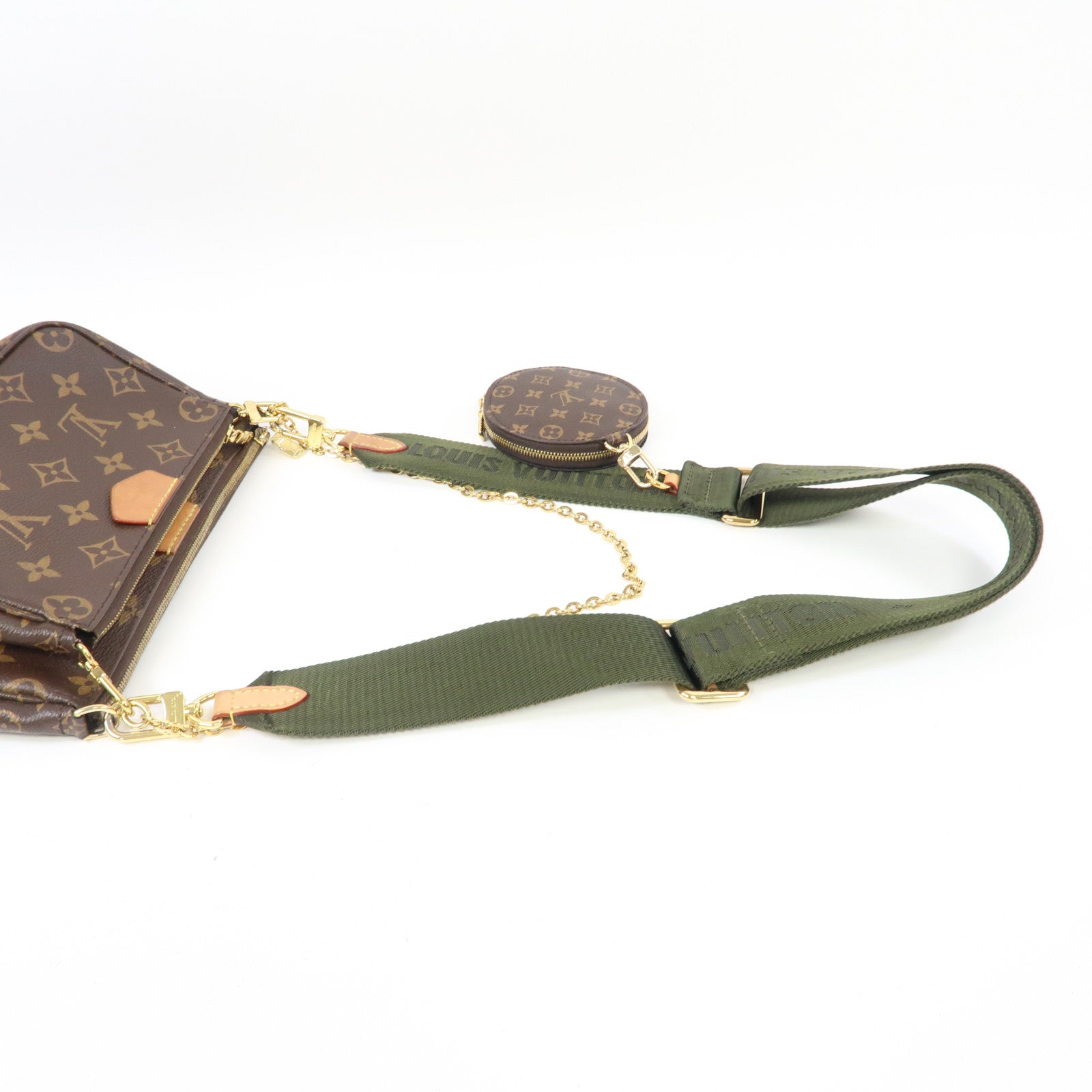 LOUIS VUITTON Monogram Multi Pochette Accessoires金扣手挽肩背兩用袋啡色/綠色