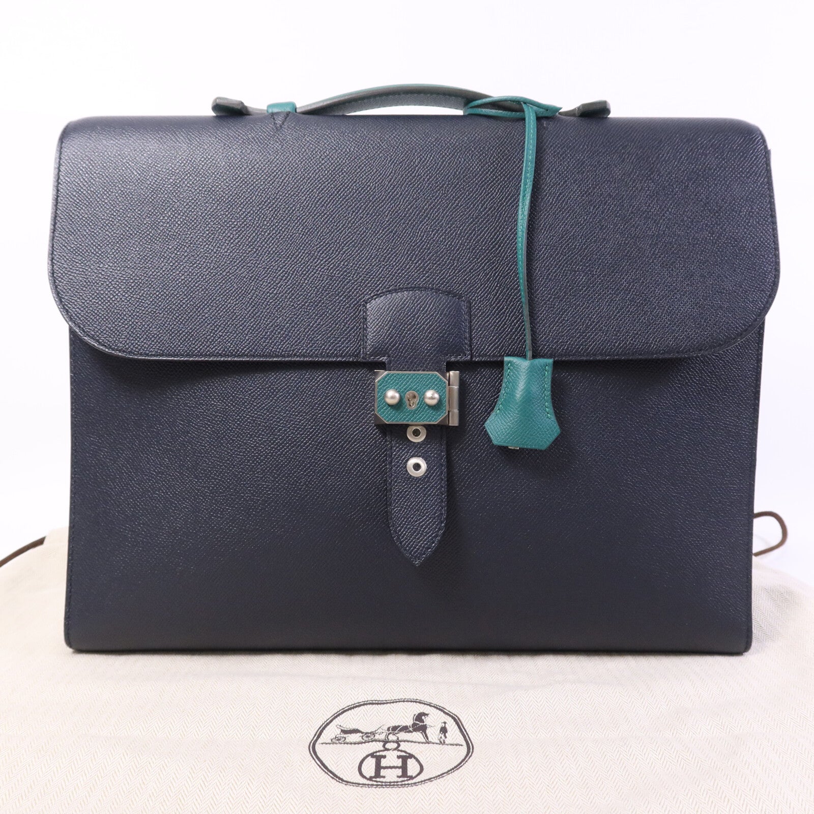 HERMES Epsom皮革Sac a Depeches 37銀扣手挽袋Bleu Indigo/Malachite