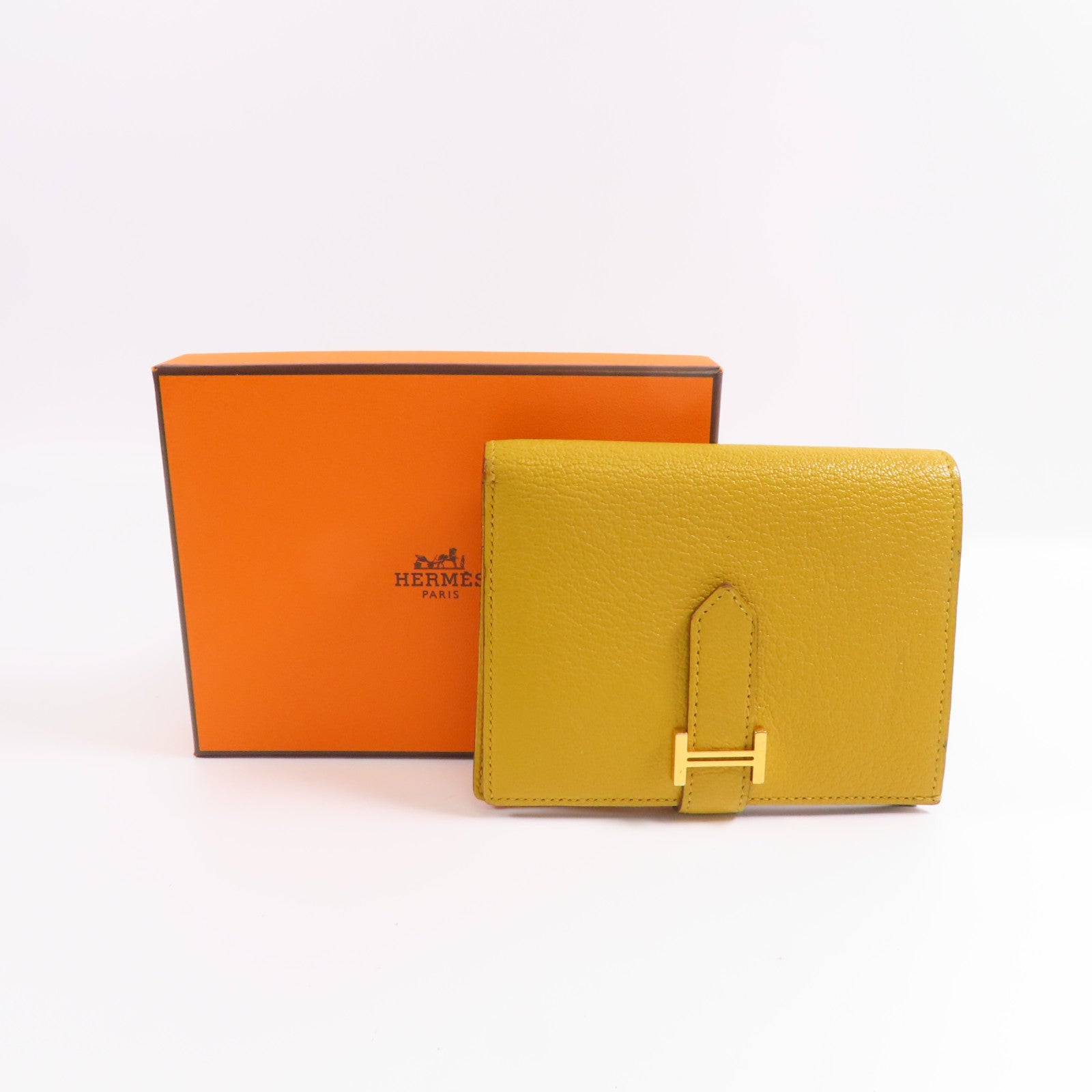 HERMES Chevre皮革Bearn Compact Wallet金扣錢包9D Jaune Ambre