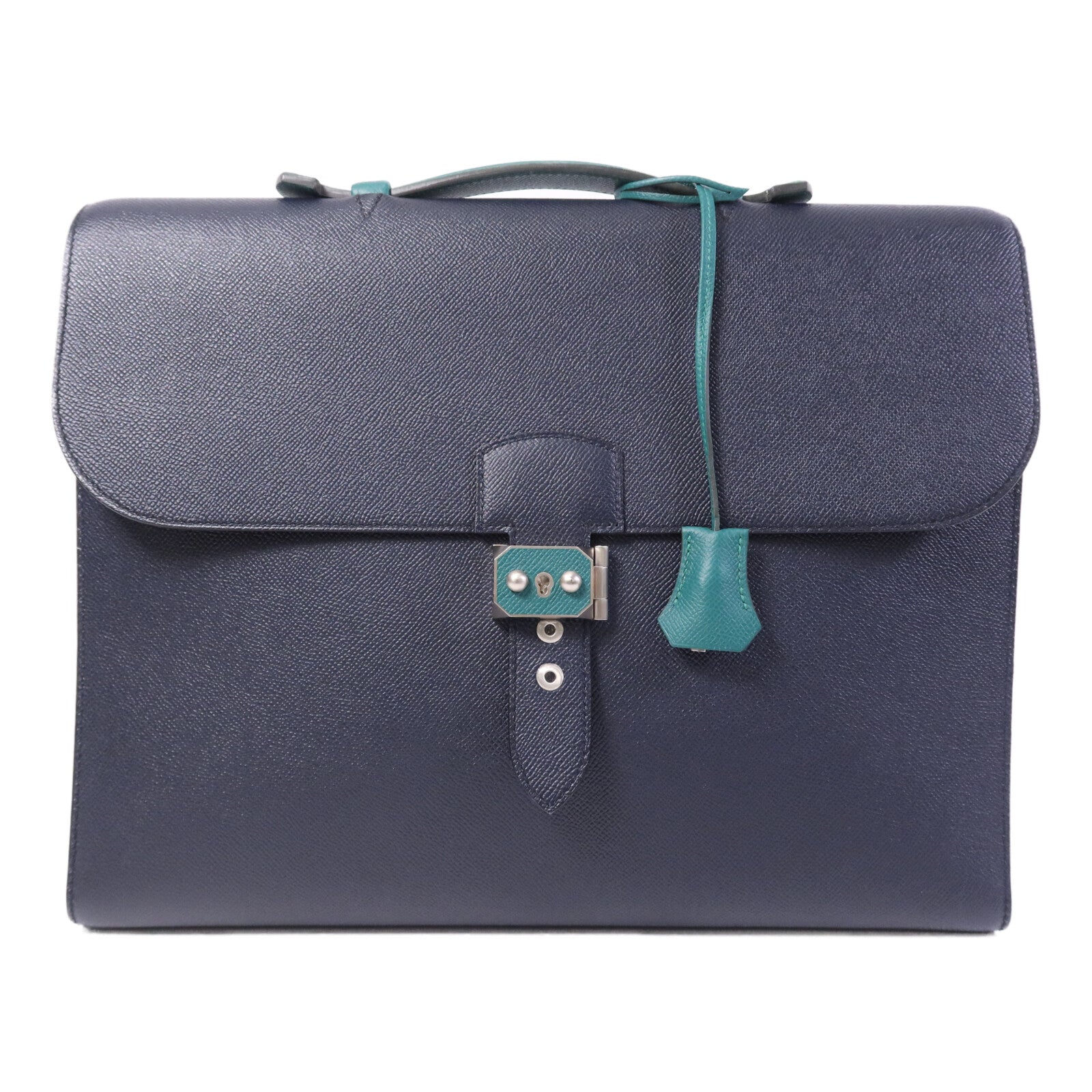 HERMES Epsom皮革Sac a Depeches 37銀扣手挽袋Bleu Indigo/Malachite
