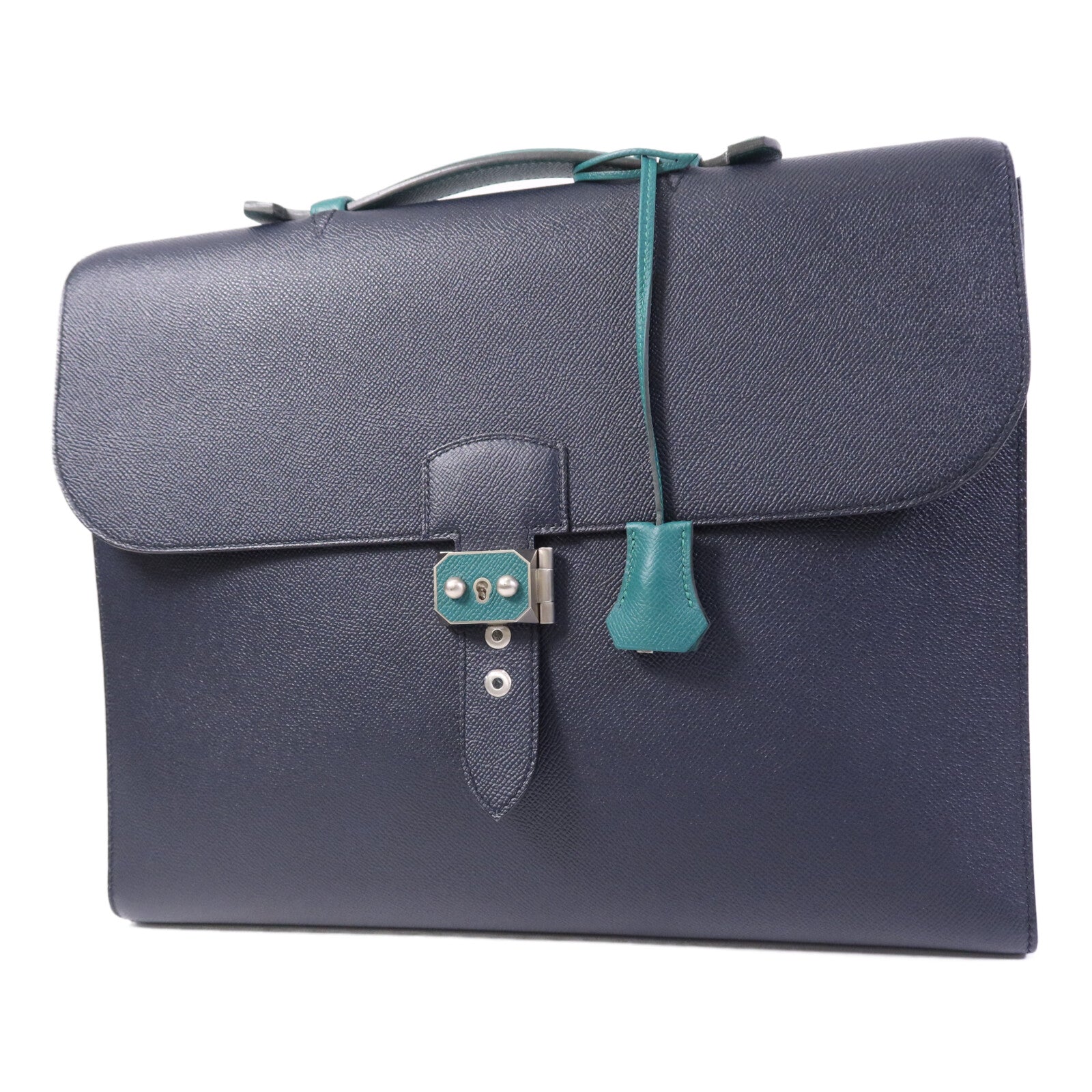 HERMES Epsom皮革Sac a Depeches 37銀扣手挽袋Bleu Indigo/Malachite