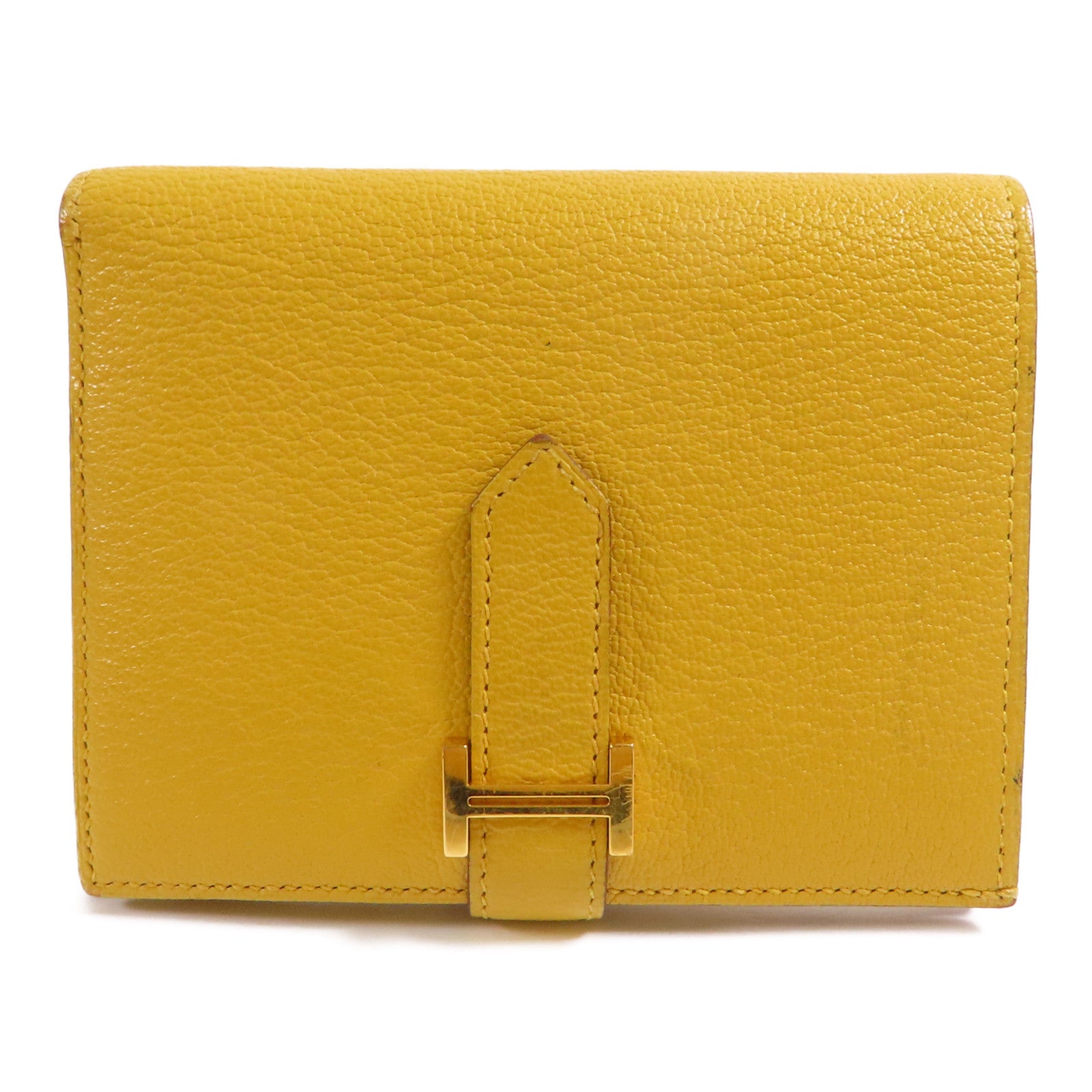 HERMES Chevre皮革Bearn Compact Wallet金扣錢包9D Jaune Ambre