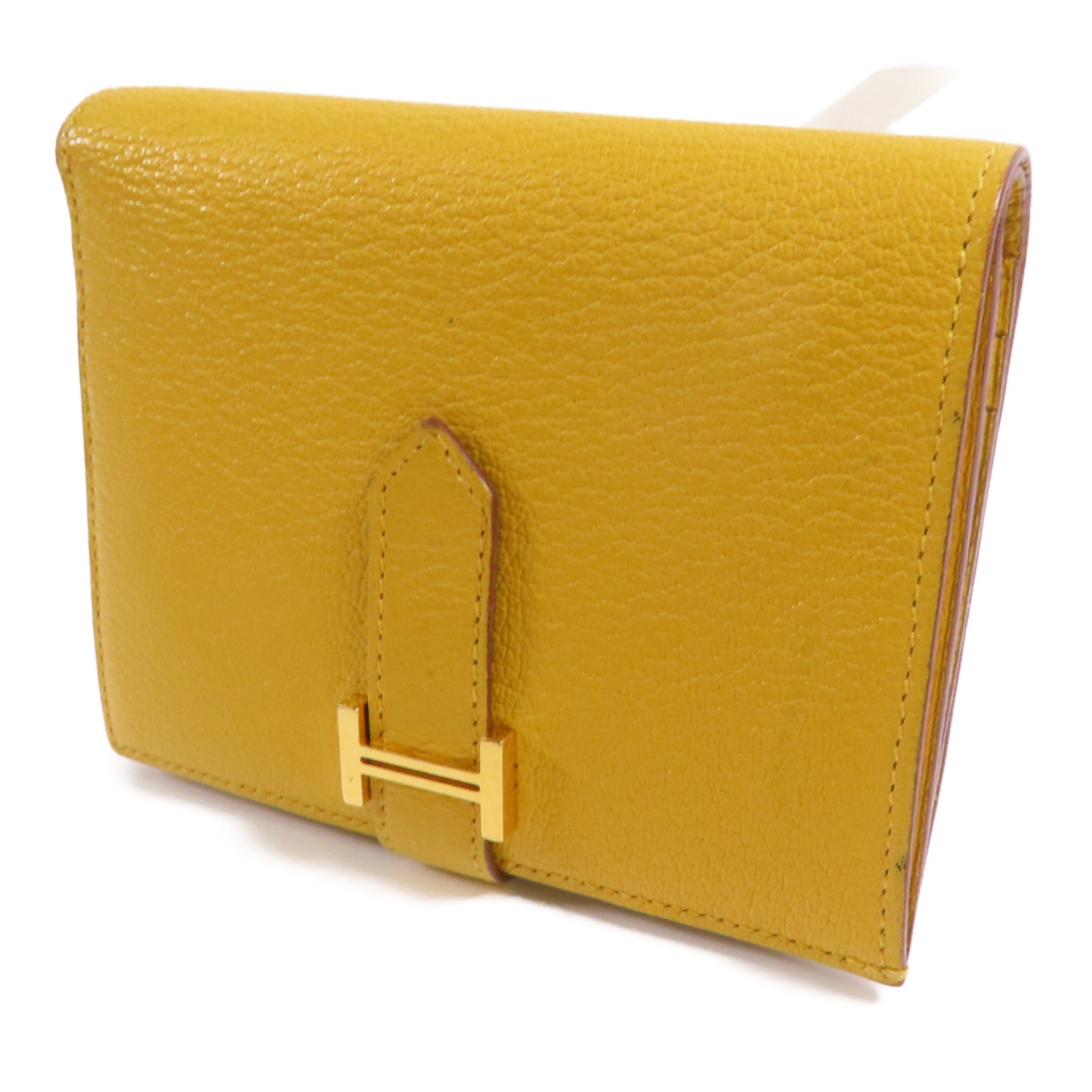 HERMES Chevre皮革Bearn Compact Wallet金扣錢包9D Jaune Ambre