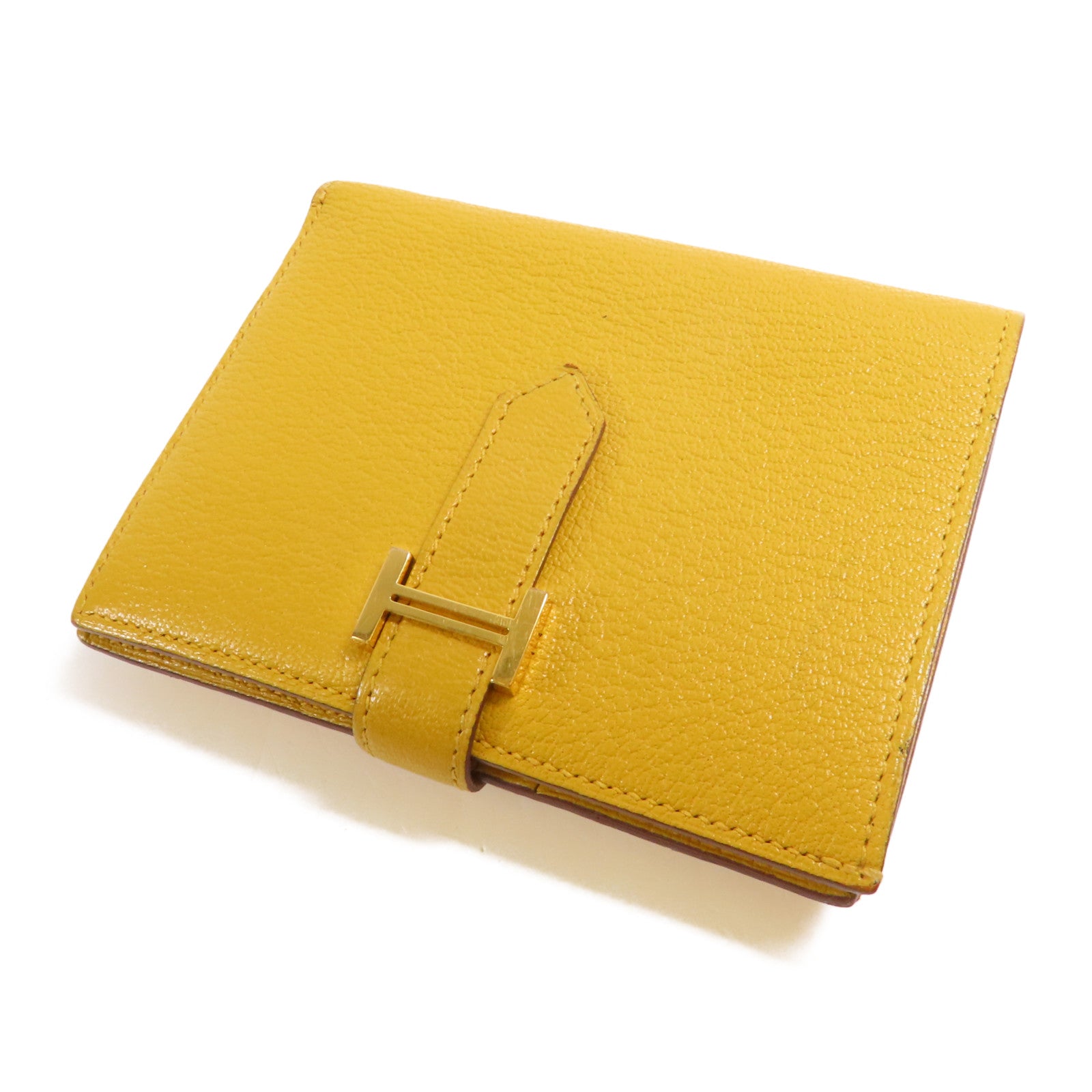 HERMES Chevre皮革Bearn Compact Wallet金扣錢包9D Jaune Ambre