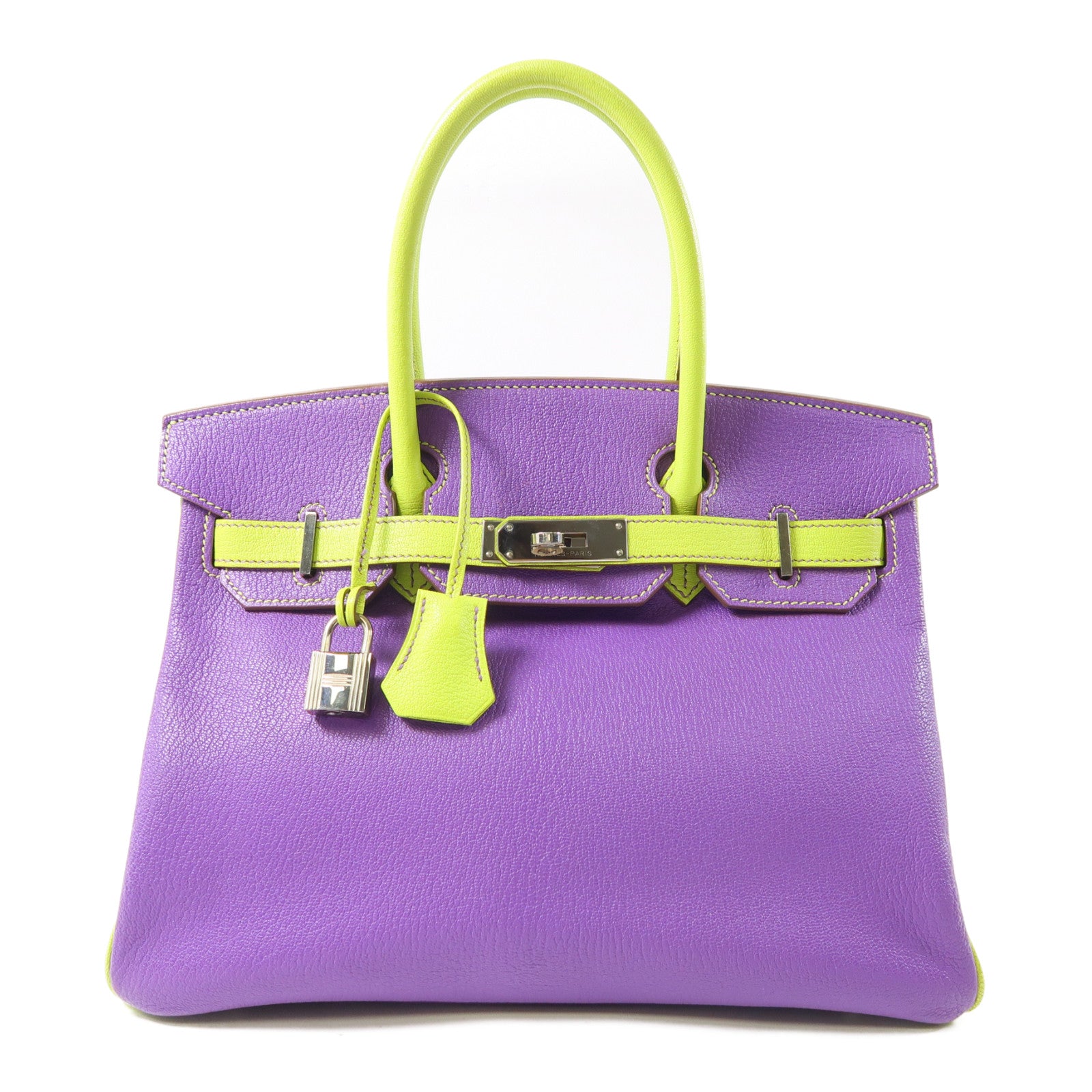 HERMES Mysore皮革Birkin 30銀扣手挽袋紫色/螢光綠色