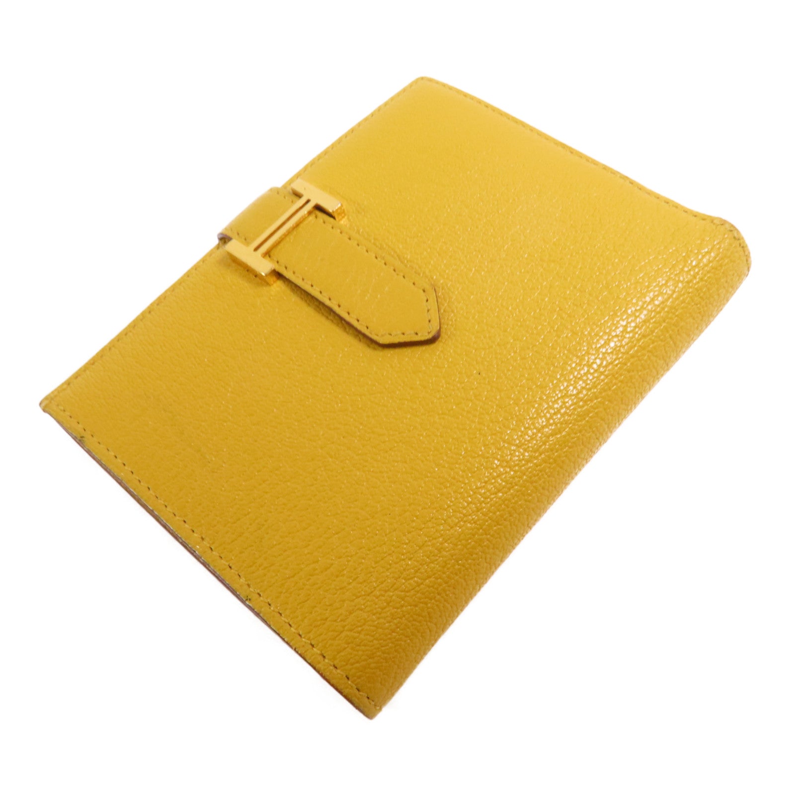 HERMES Chevre皮革Bearn Compact Wallet金扣錢包9D Jaune Ambre