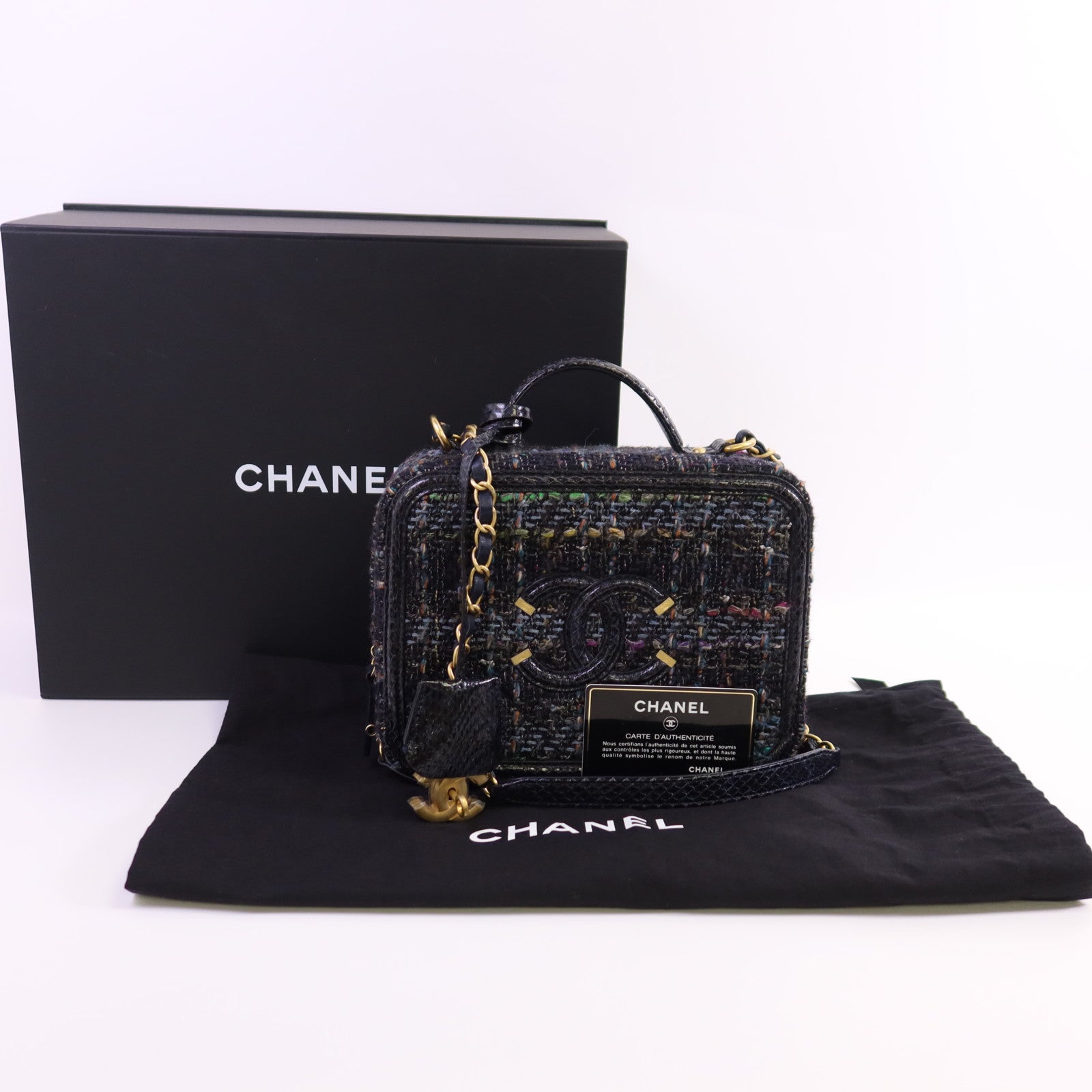 CHANEL 斜紋軟呢/蛇皮Filigree Vanity Case Medium金扣鏈帶手挽肩背兩用袋