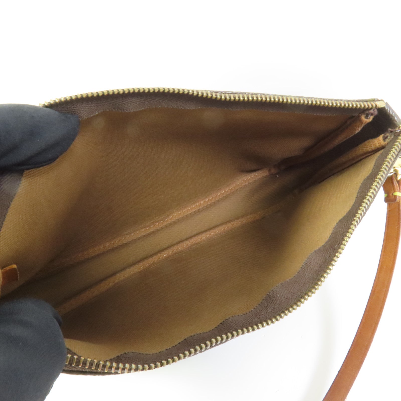 LOUIS VUITTON Monogram Pochette Accessoires金扣手挽袋棕色