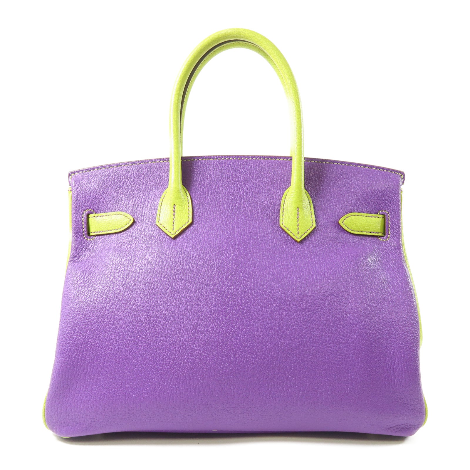 HERMES Mysore皮革Birkin 30銀扣手挽袋紫色/螢光綠色