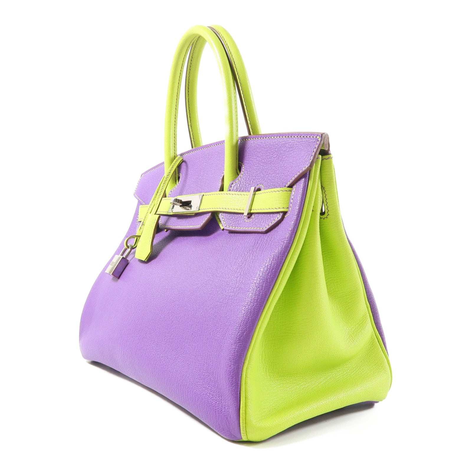 HERMES Mysore皮革Birkin 30銀扣手挽袋紫色/螢光綠色