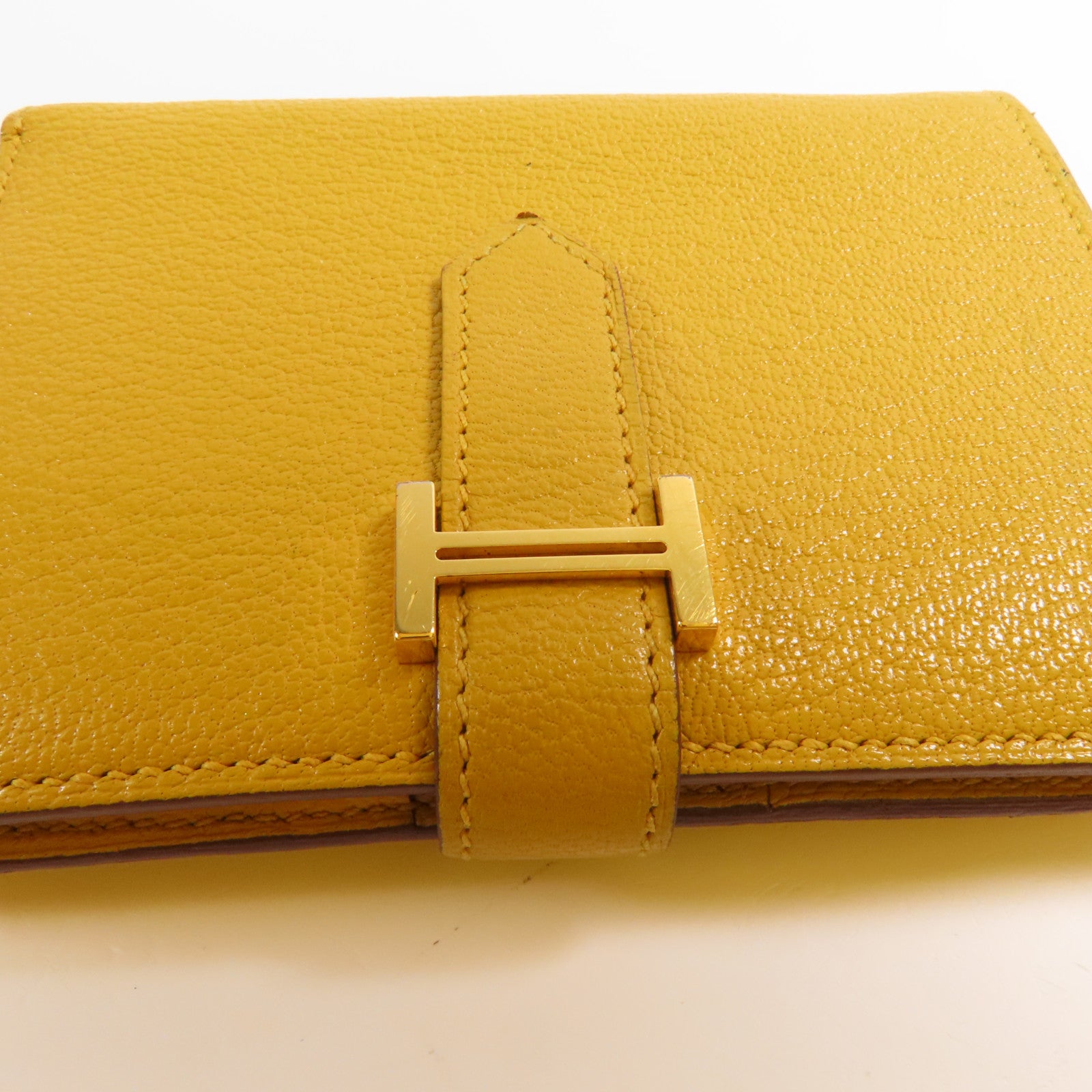 HERMES Chevre皮革Bearn Compact Wallet金扣錢包9D Jaune Ambre