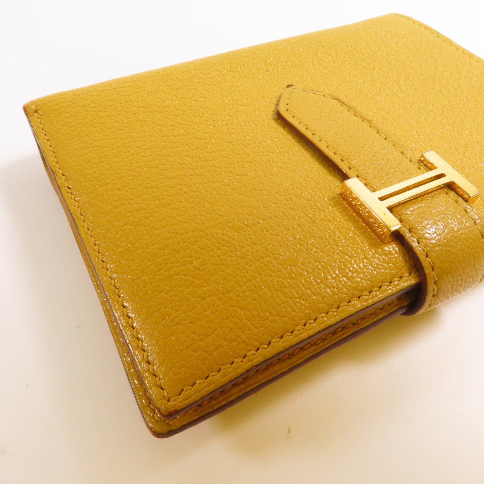 HERMES Chevre皮革Bearn Compact Wallet金扣錢包9D Jaune Ambre