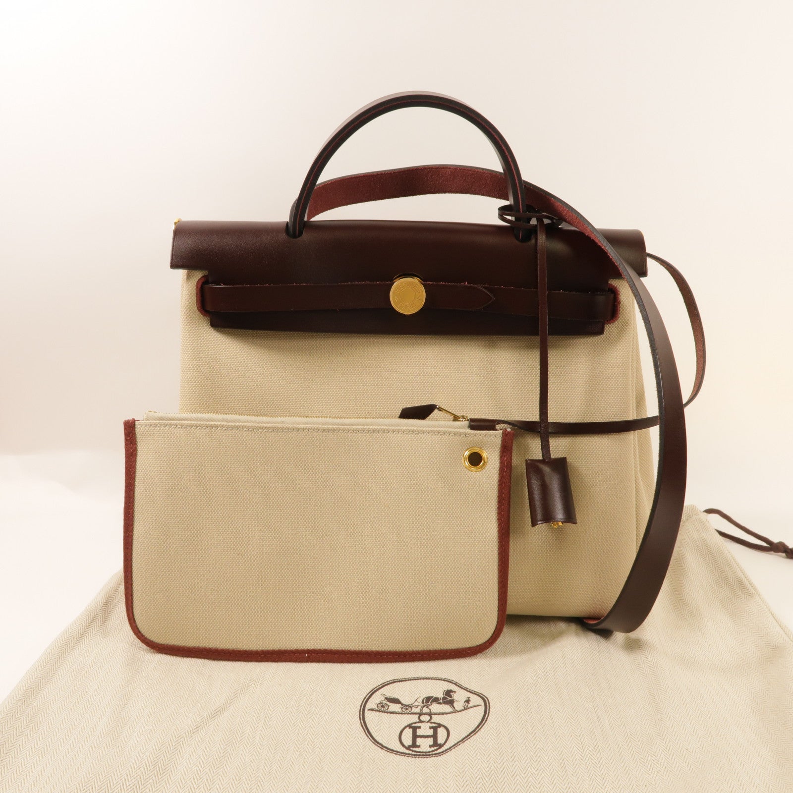 HERMES 帆布Herbag PM金扣手挽肩背兩用袋水泥灰色/馬鞍紅色