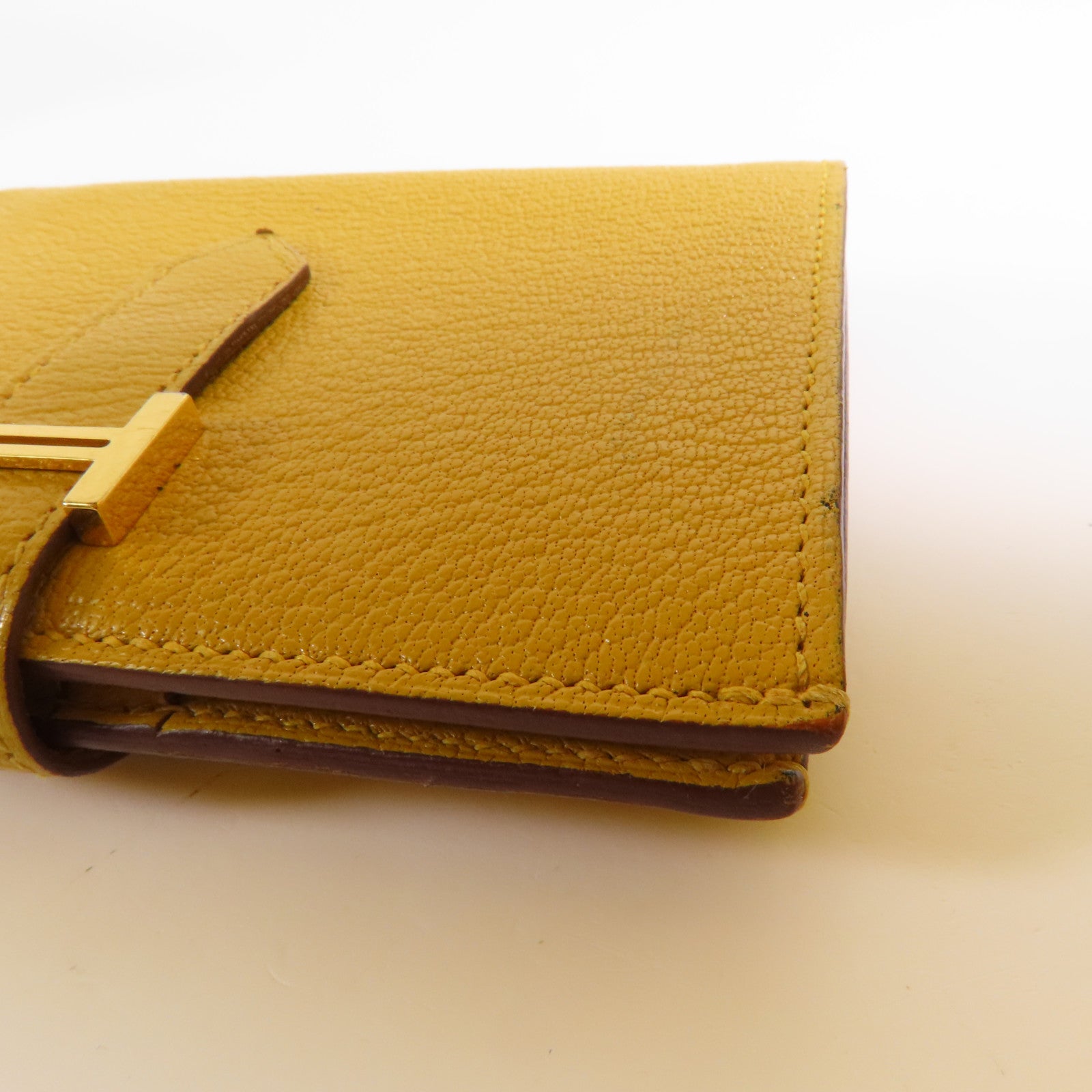 HERMES Chevre皮革Bearn Compact Wallet金扣錢包9D Jaune Ambre