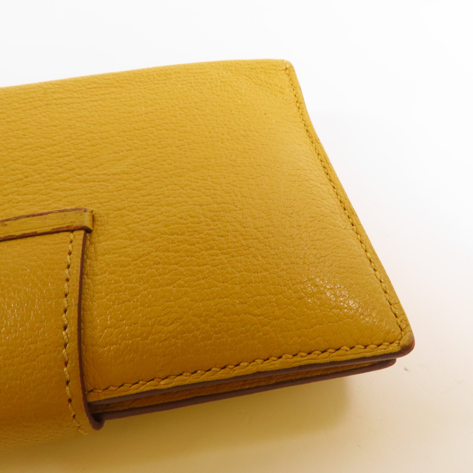 HERMES Chevre皮革Bearn Compact Wallet金扣錢包9D Jaune Ambre