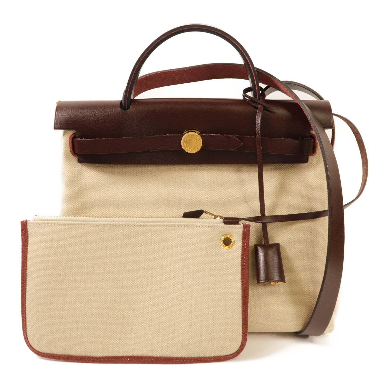 HERMES 帆布Herbag PM金扣手挽肩背兩用袋水泥灰色/馬鞍紅色